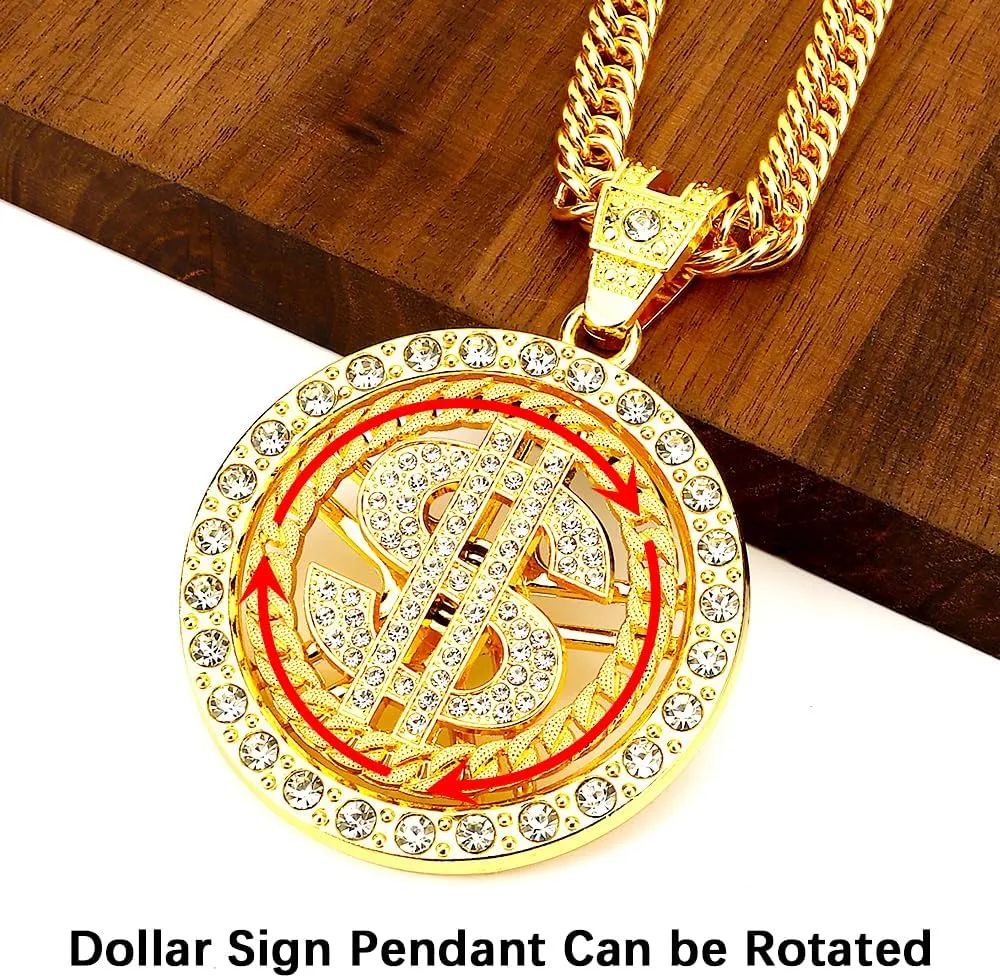 Gold Chain with Dollar Sign, Fake Gold Chain, Gold Money Chains for Men, 80 90s Hip Hop Gold Digger Costume Accessories, Hip Hop Jewelry Pendant Necklace