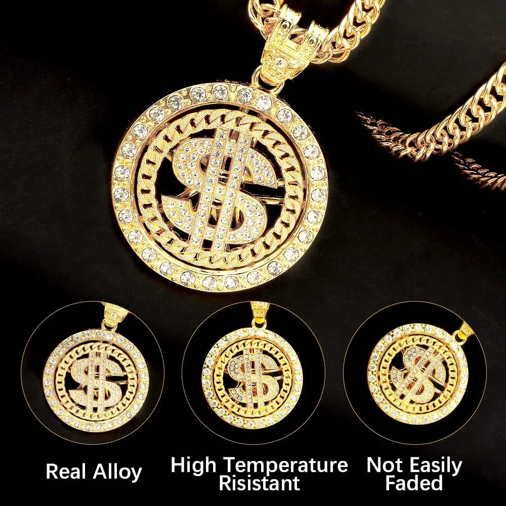 Gold Chain with Dollar Sign, Fake Gold Chain, Gold Money Chains for Men, 80 90s Hip Hop Gold Digger Costume Accessories, Hip Hop Jewelry Pendant Necklace