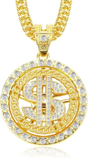 Gold Chain with Dollar Sign, Fake Gold Chain, Gold Money Chains for Men, 80 90s Hip Hop Gold Digger Costume Accessories, Hip Hop Jewelry Pendant Necklace