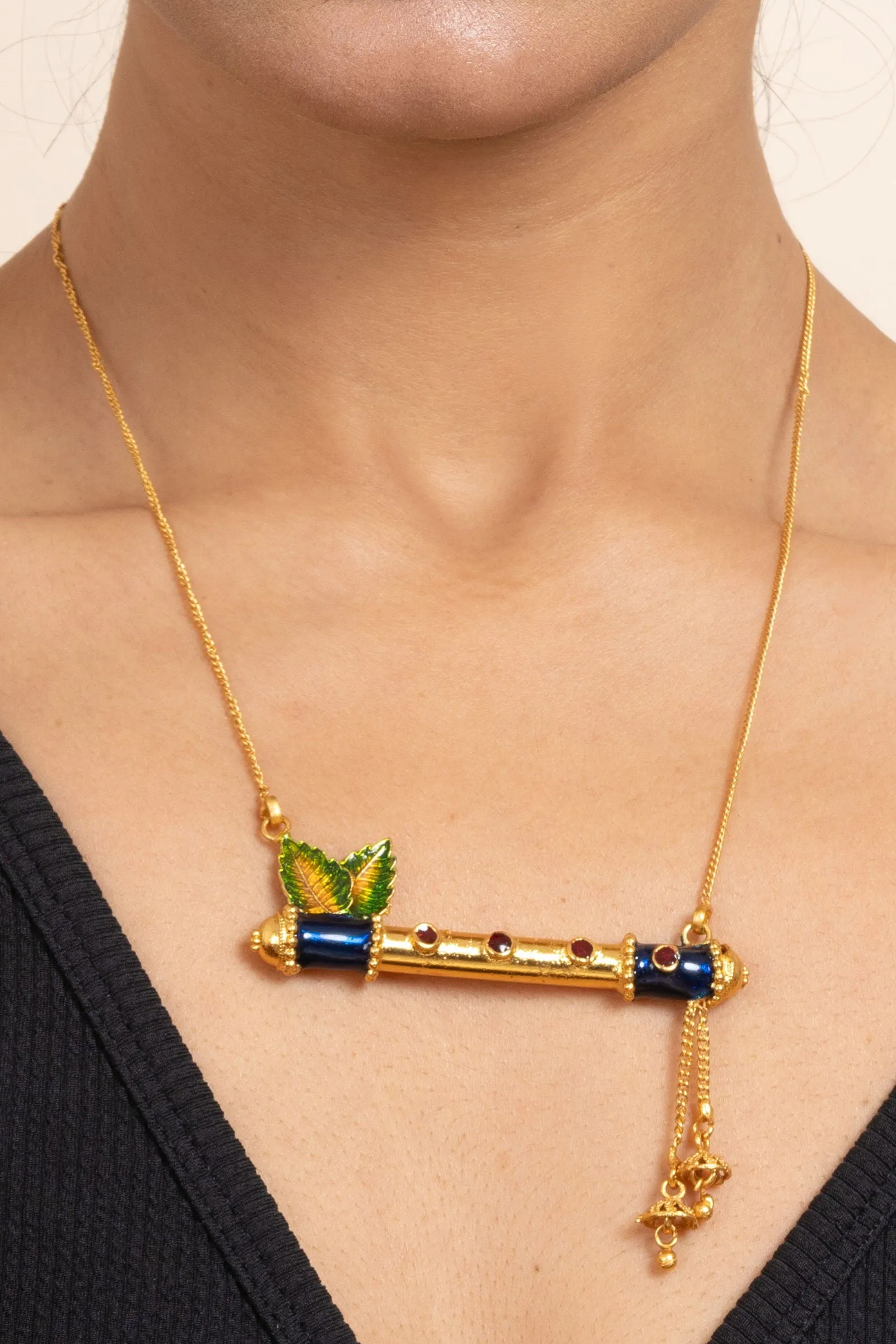 Gold Plated Meena Flute Pendant Necklace Set with Chain and Matching Earrings - Copper Jewelry Set