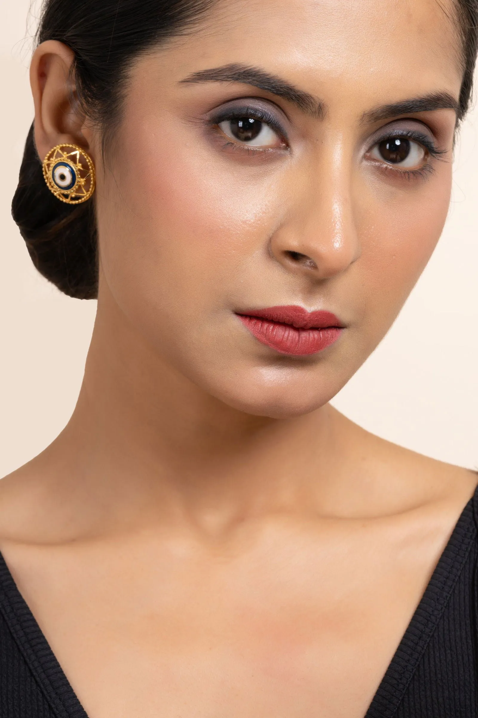 Gold Plated Round Evil Eye Stud Earrings with White Blue Meenakari Design - Copper Jewelry