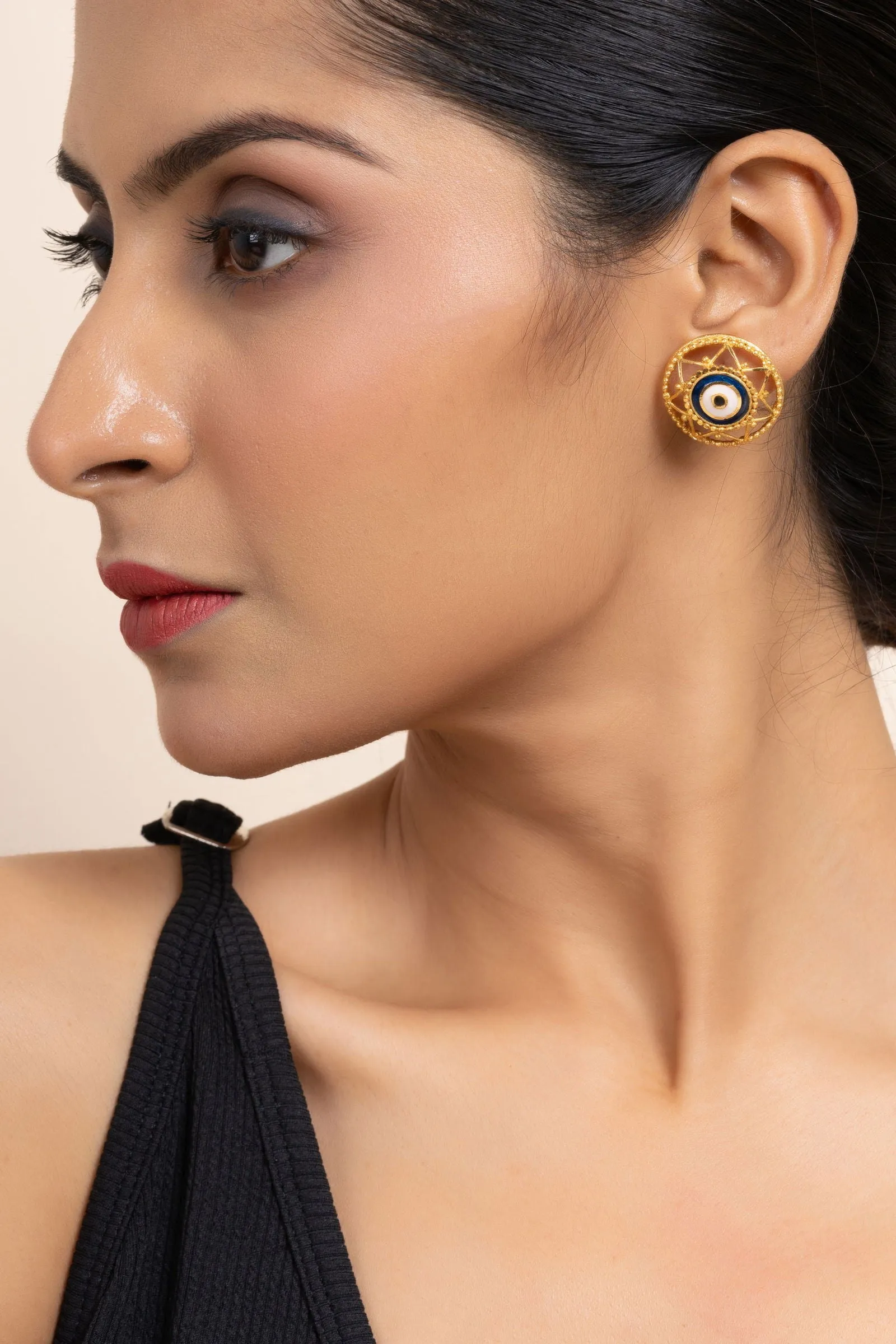 Gold Plated Round Evil Eye Stud Earrings with White Blue Meenakari Design - Copper Jewelry