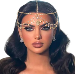Golden Shells Head Chain Boho Gold Headpiece for Women Halloween Prom Sequin Rhinestone Headbands Egyptian Jewelry Festival Forehead Bridal Layered Hair Chain Indian Hair Accessories