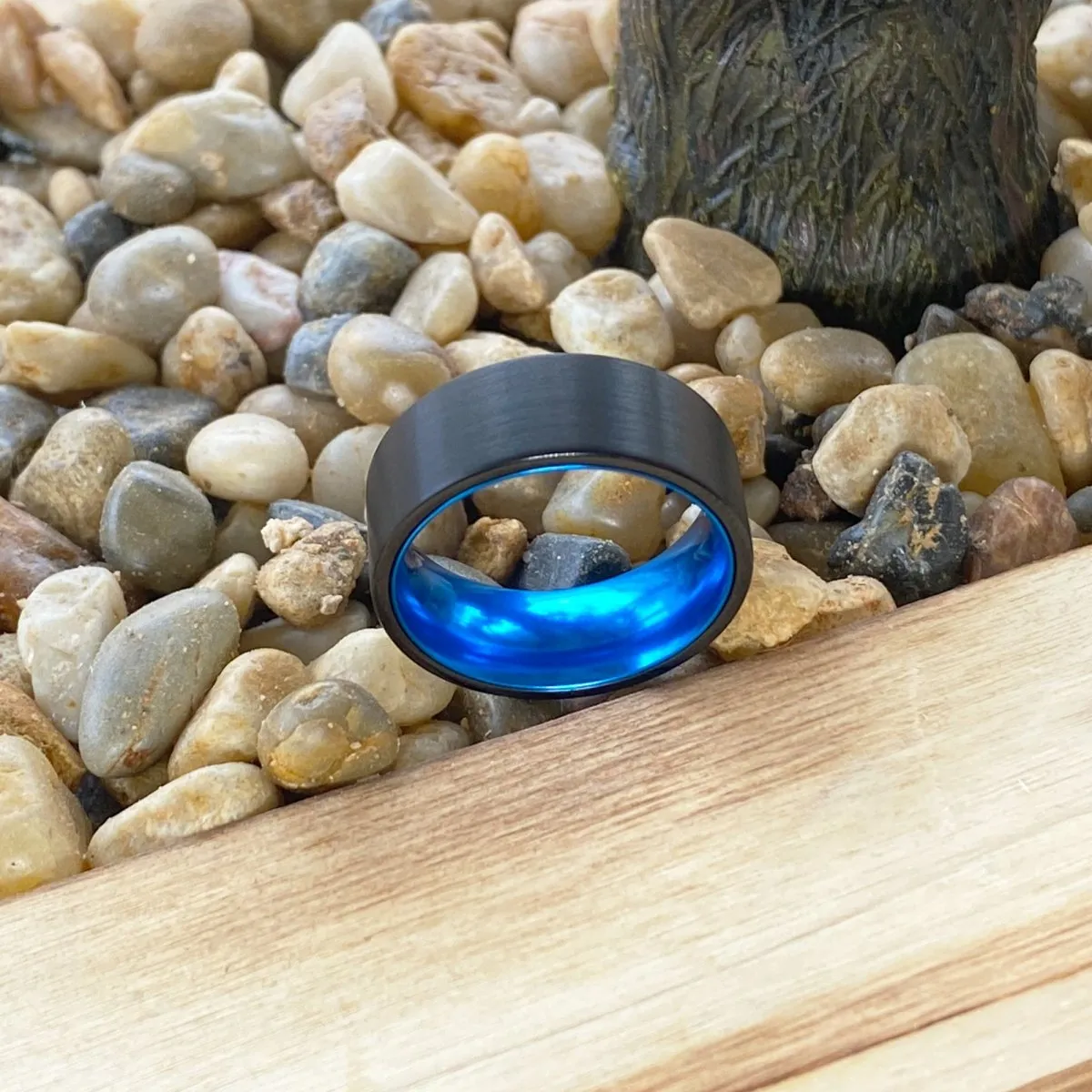 GONZO | Black and Blue Tungsten Ring with Flat Brushed Finish