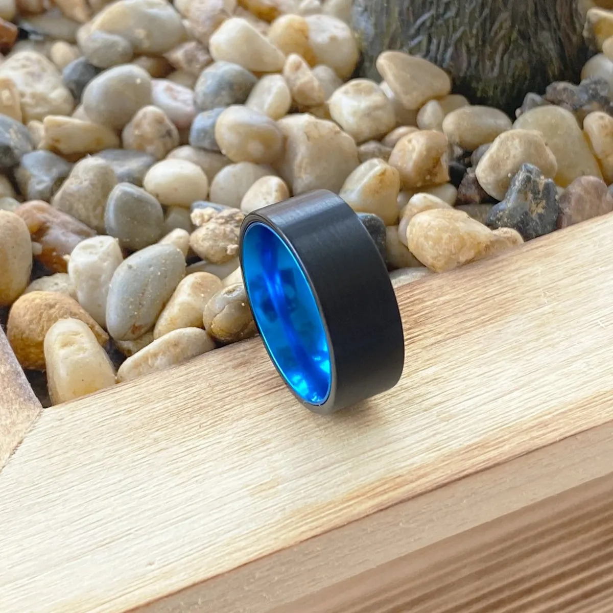 GONZO | Black and Blue Tungsten Ring with Flat Brushed Finish