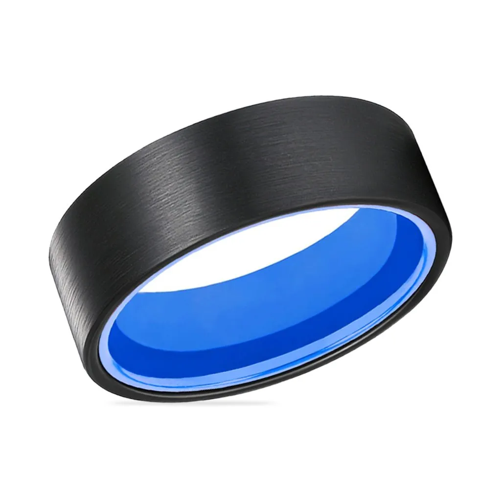 GONZO | Black and Blue Tungsten Ring with Flat Brushed Finish