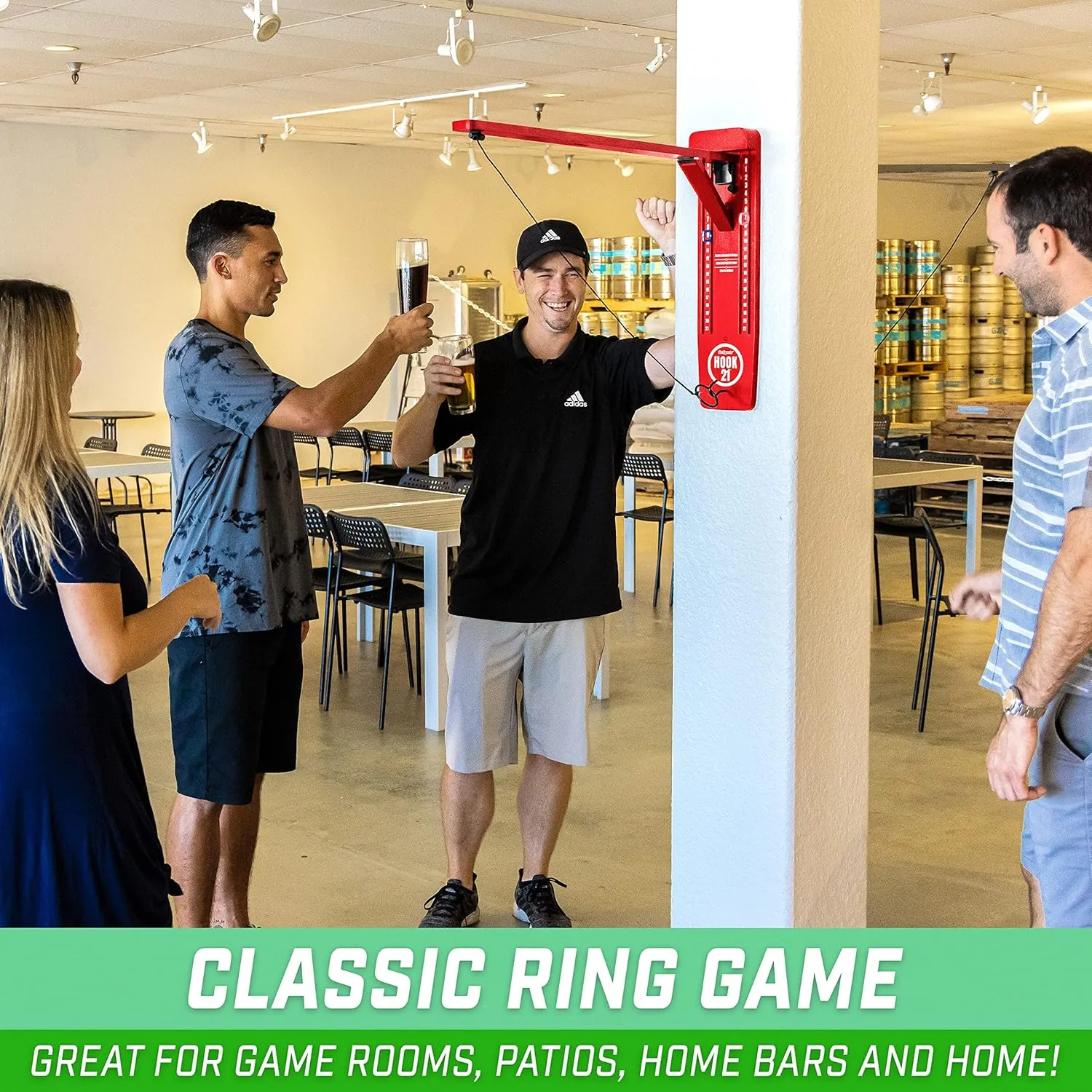 GoSports Hook 21 Wall Mount Ring Swing Game - Play Indoors or Outdoors with Foldable Arm