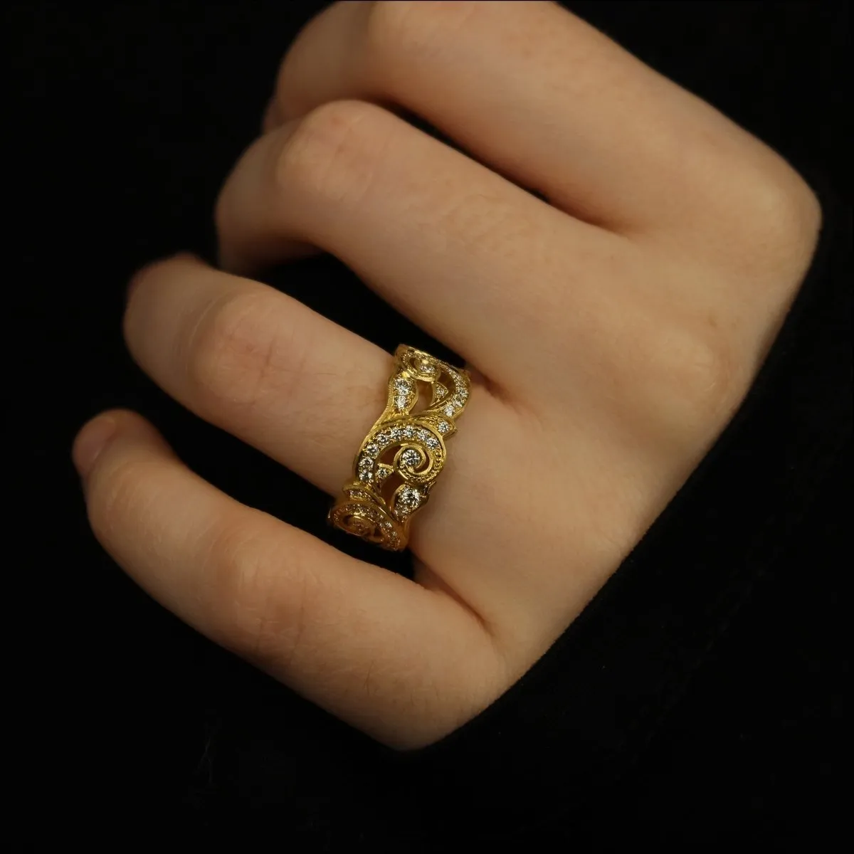Hand Engraved Diamond Scroll Eternity Band 18KY