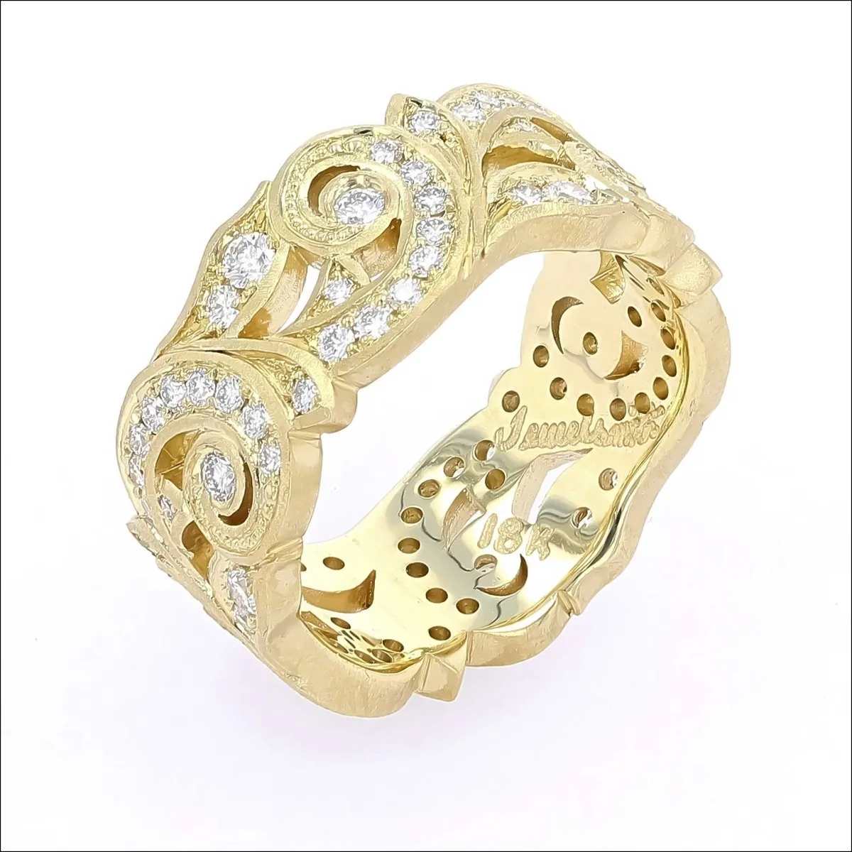 Hand Engraved Diamond Scroll Eternity Band 18KY