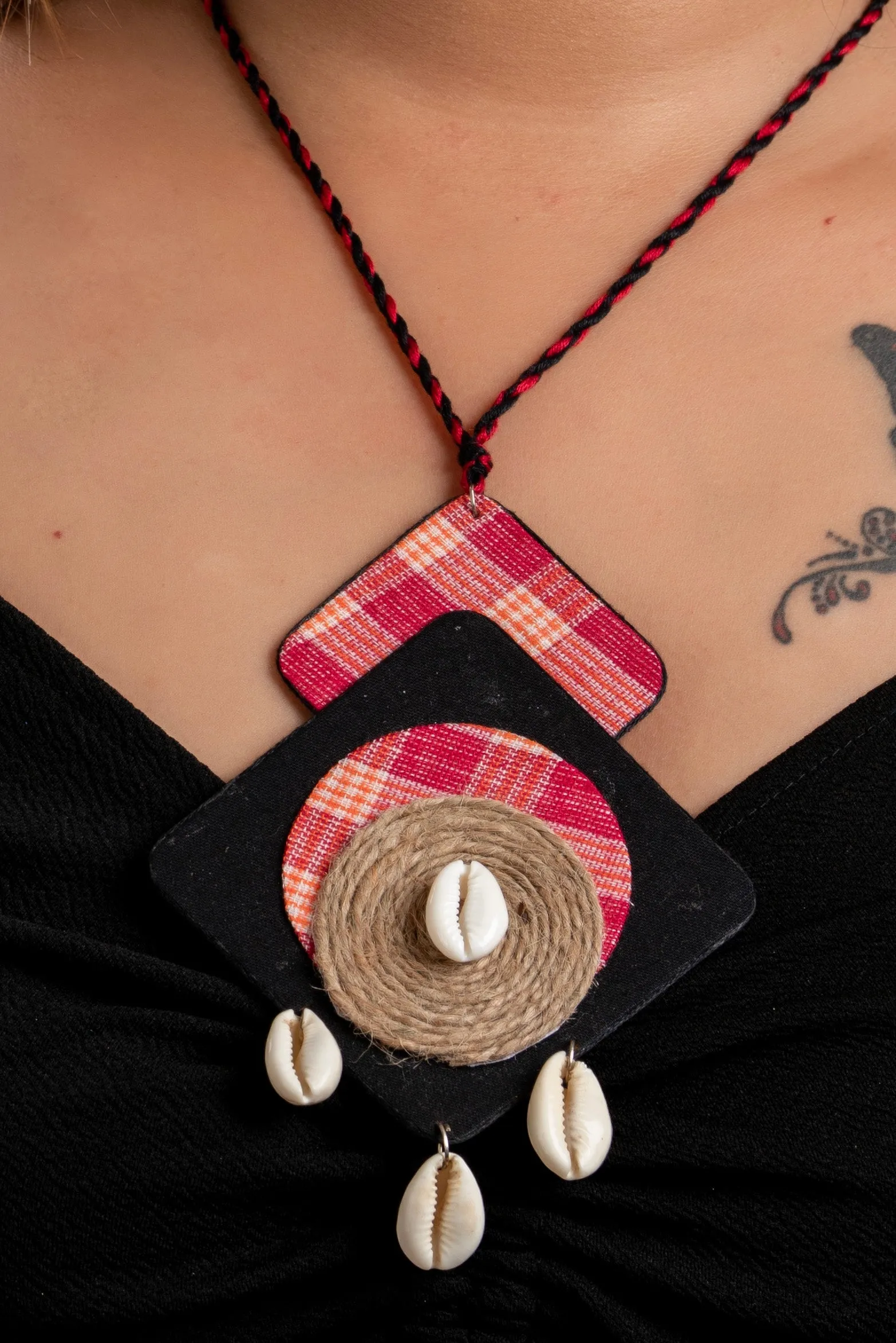 Handcrafted Red and Black Gamcha Fabric Neckpiece Jewelry Set: Adjustable Dori with Earrings for Women
