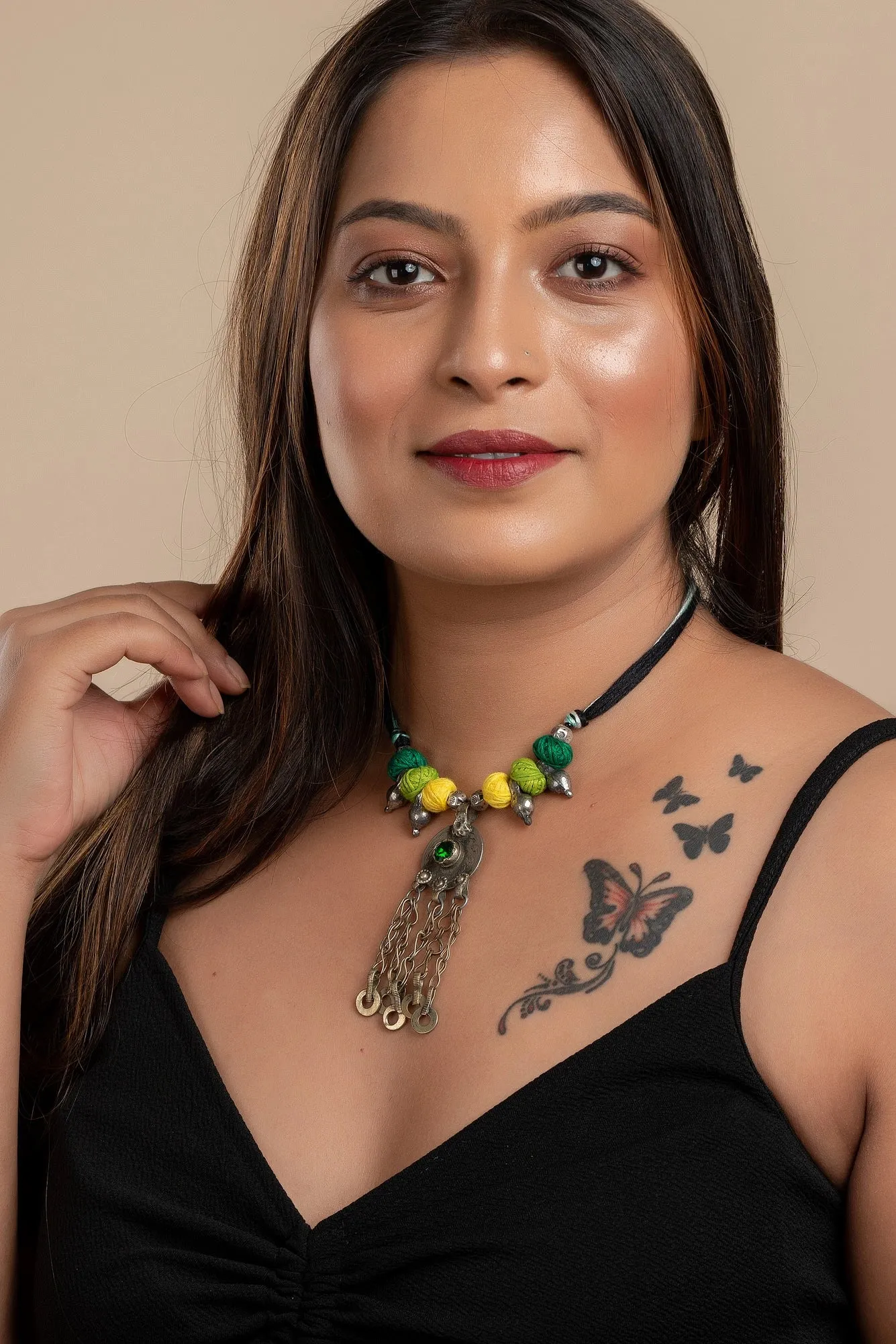 Handmade Afghan Jewelry Pendant Necklace with Yellow Green Thread Balls & German Silver Beads