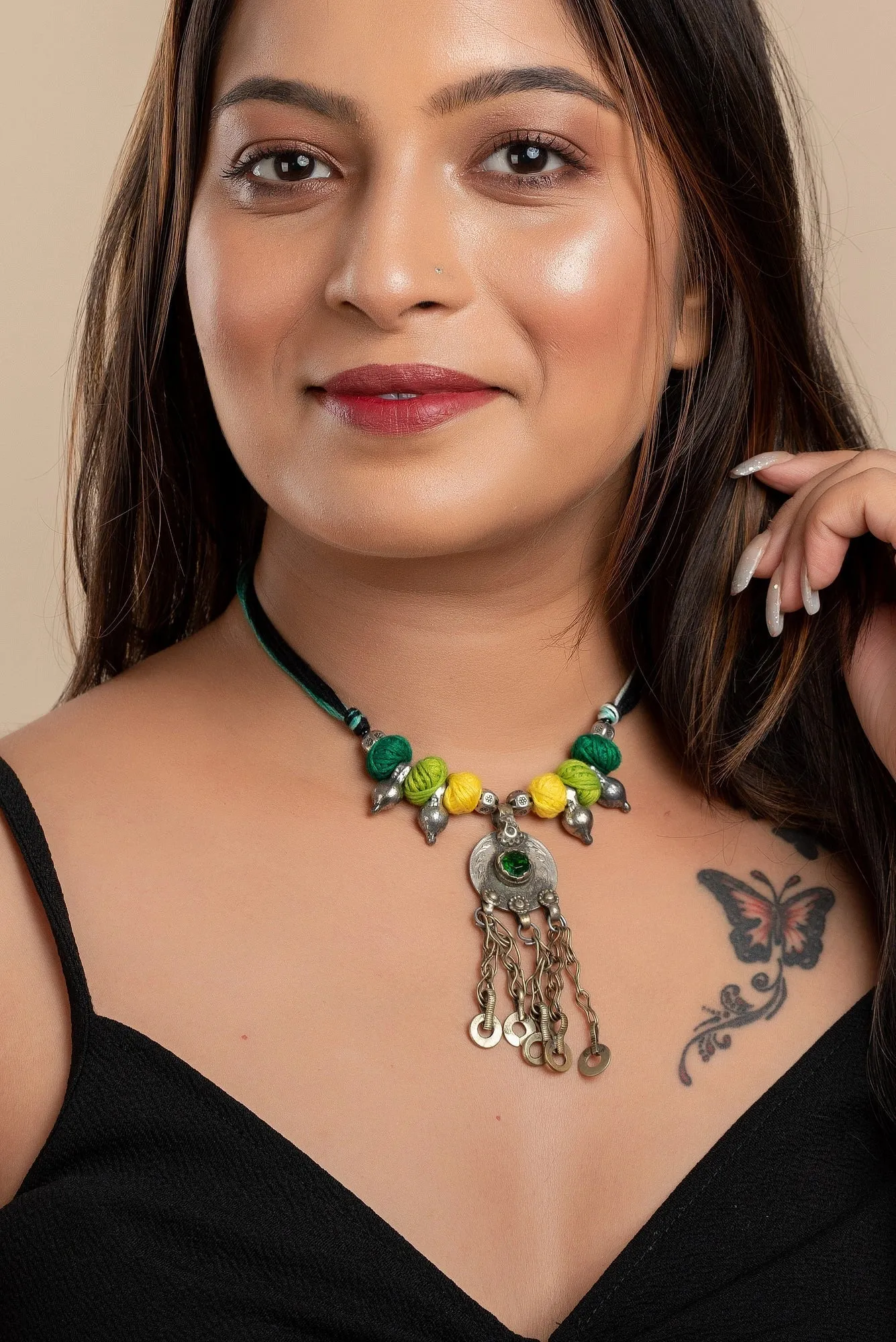 Handmade Afghan Jewelry Pendant Necklace with Yellow Green Thread Balls & German Silver Beads