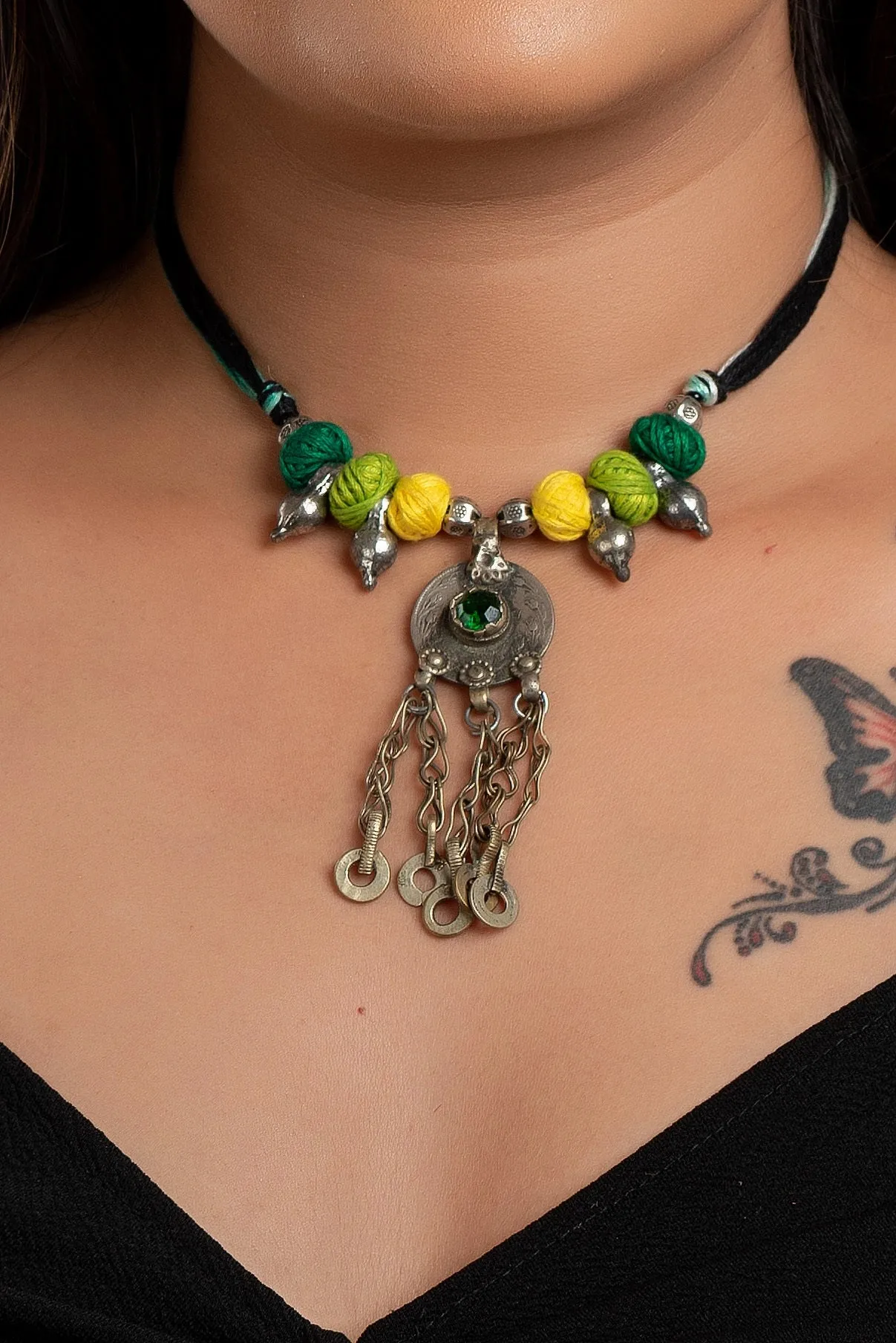Handmade Afghan Jewelry Pendant Necklace with Yellow Green Thread Balls & German Silver Beads