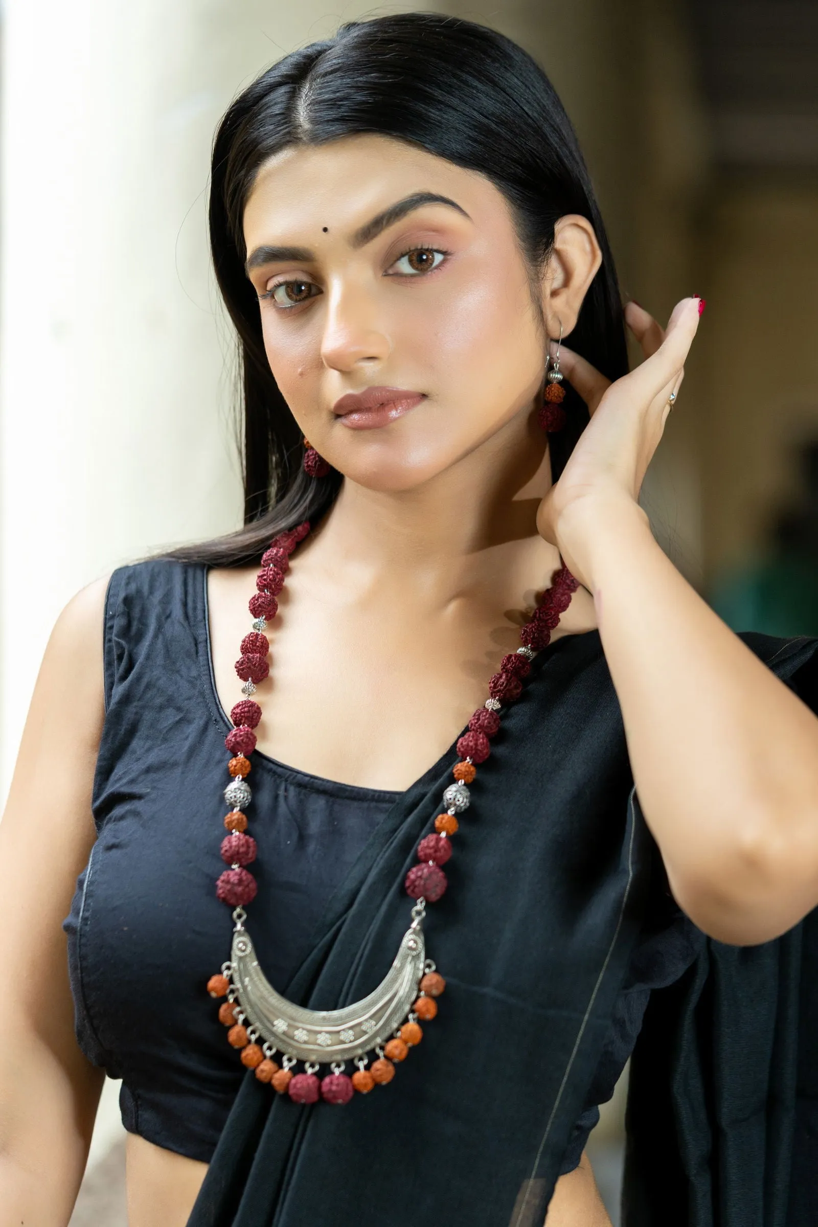 Handmade Crescent Design German Silver Necklace with Rudraksh Beads Jewelry Set