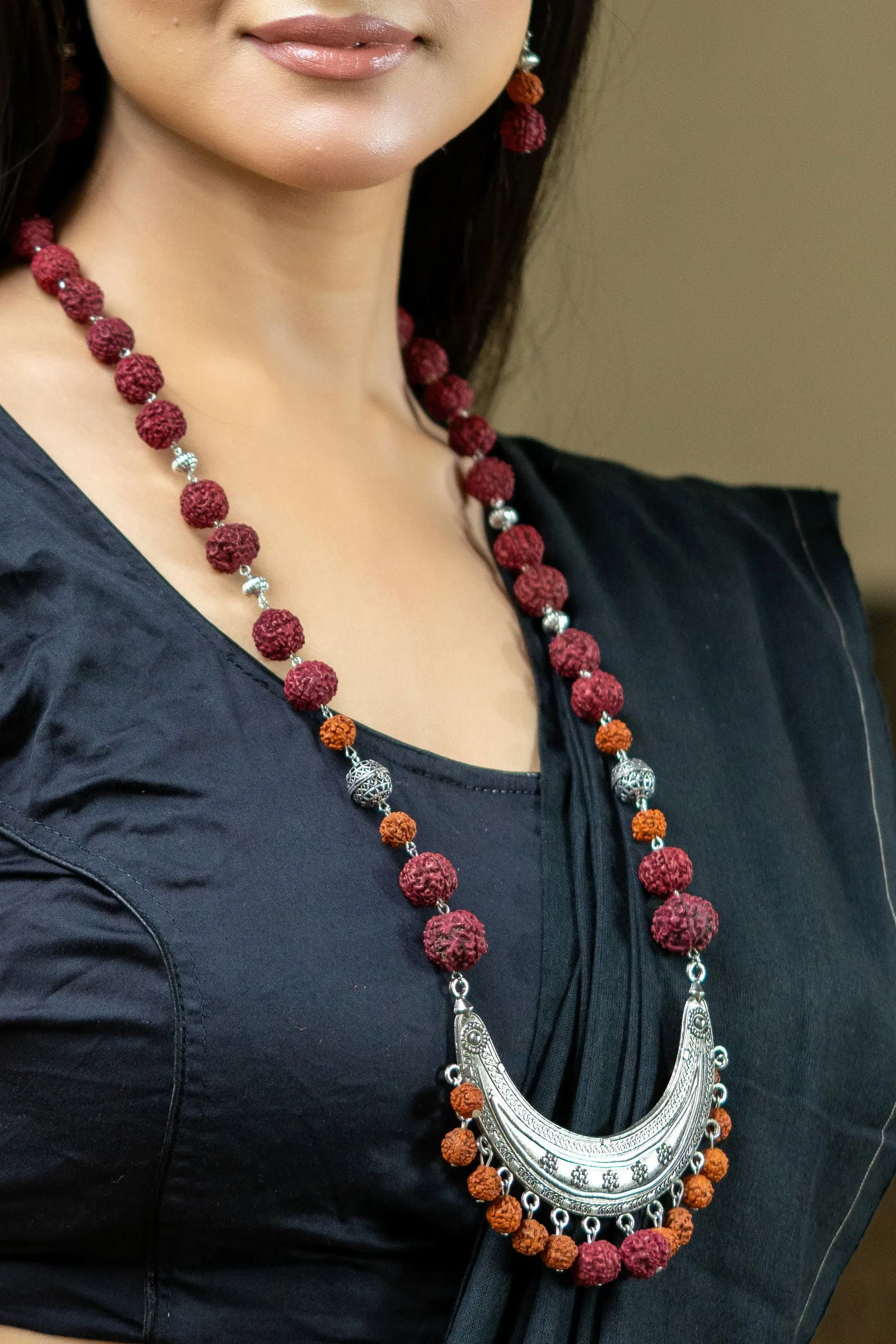 Handmade Crescent Design German Silver Necklace with Rudraksh Beads Jewelry Set