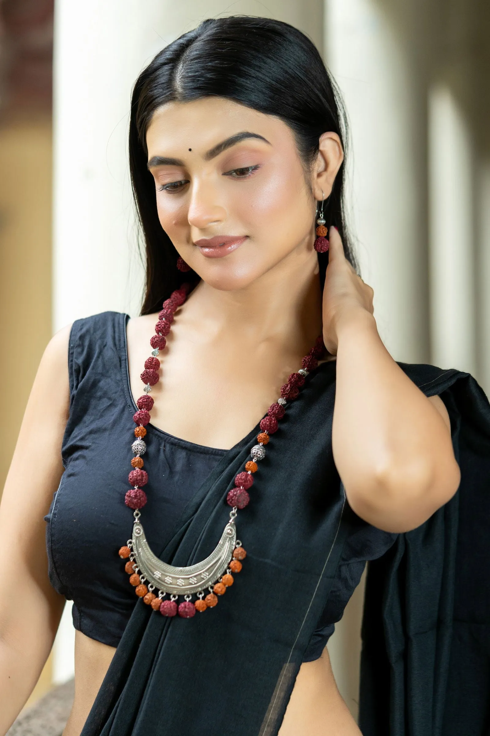 Handmade Crescent Design German Silver Necklace with Rudraksh Beads Jewelry Set