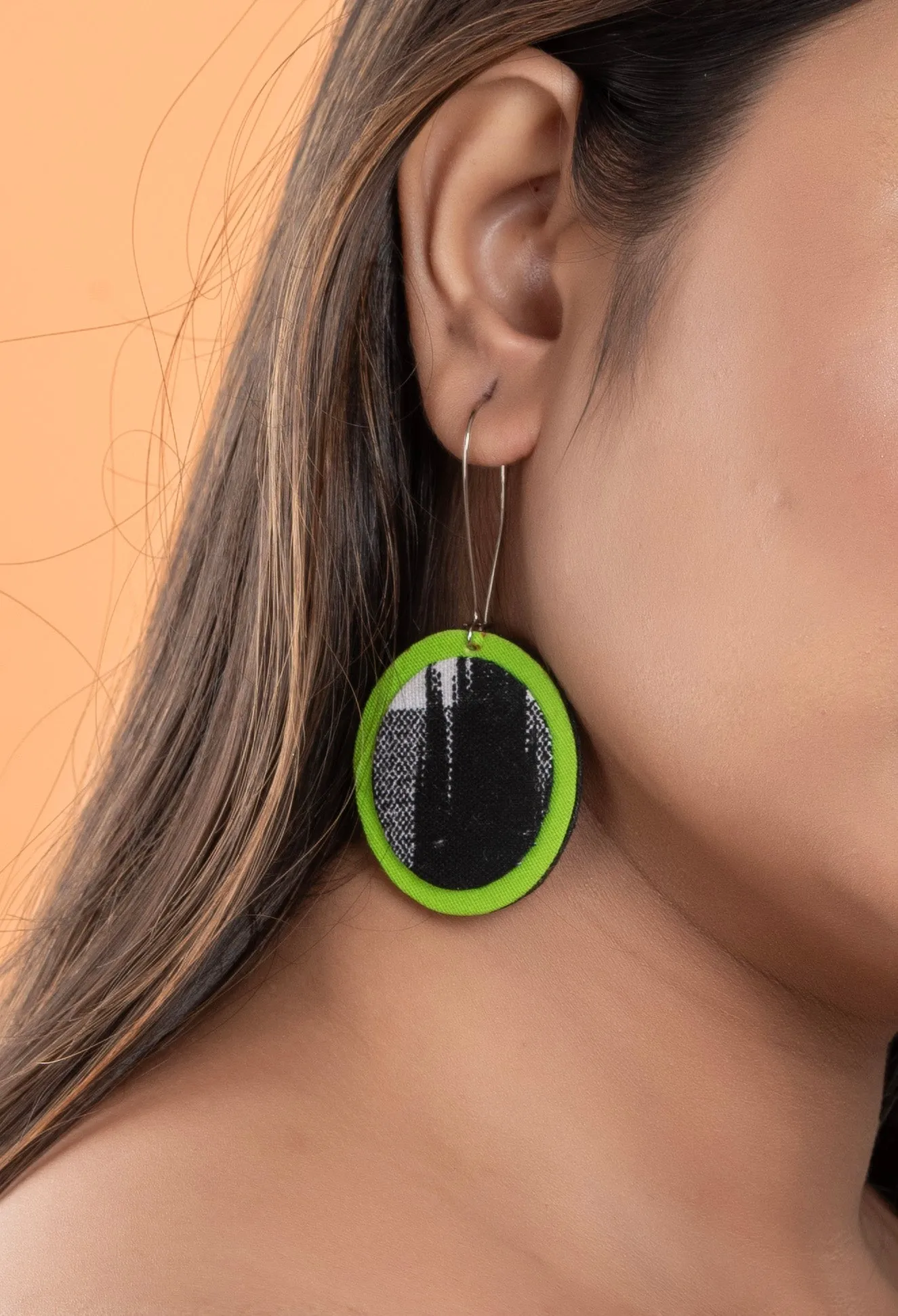 Handmade Lightweight Black Green Ikkat Fabric Jewelry Dangle Earrings, Non-Allergic