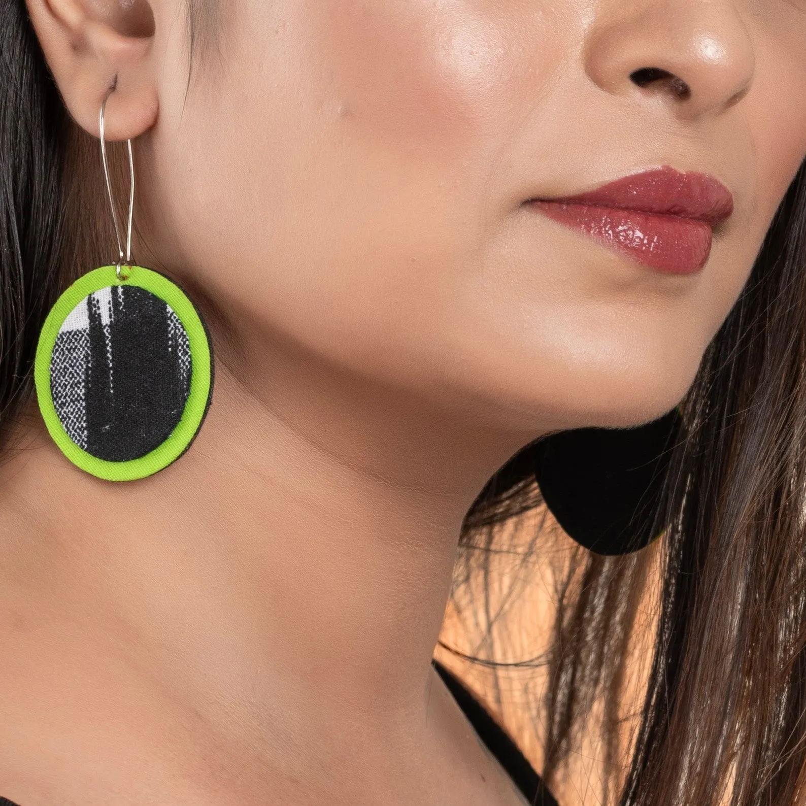 Handmade Lightweight Black Green Ikkat Fabric Jewelry Dangle Earrings, Non-Allergic