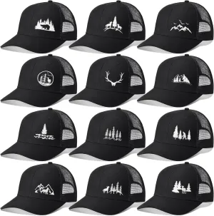 Hercicy 12 Pcs Frost Mountain Pine Tree Trucker Hat Outdoor Hat Embroidered Baseball Caps Adjustable Mesh Snapback for Men Women Fishing Golf Sports, Black