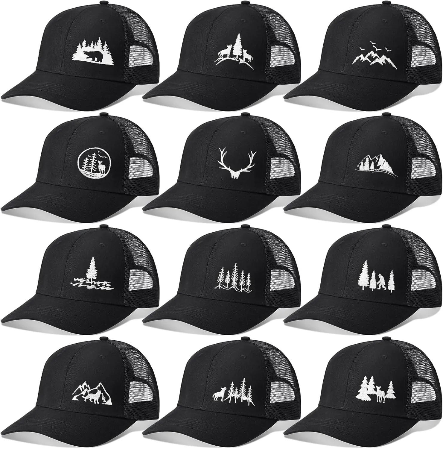 Hercicy 12 Pcs Frost Mountain Pine Tree Trucker Hat Outdoor Hat Embroidered Baseball Caps Adjustable Mesh Snapback for Men Women Fishing Golf Sports, Black