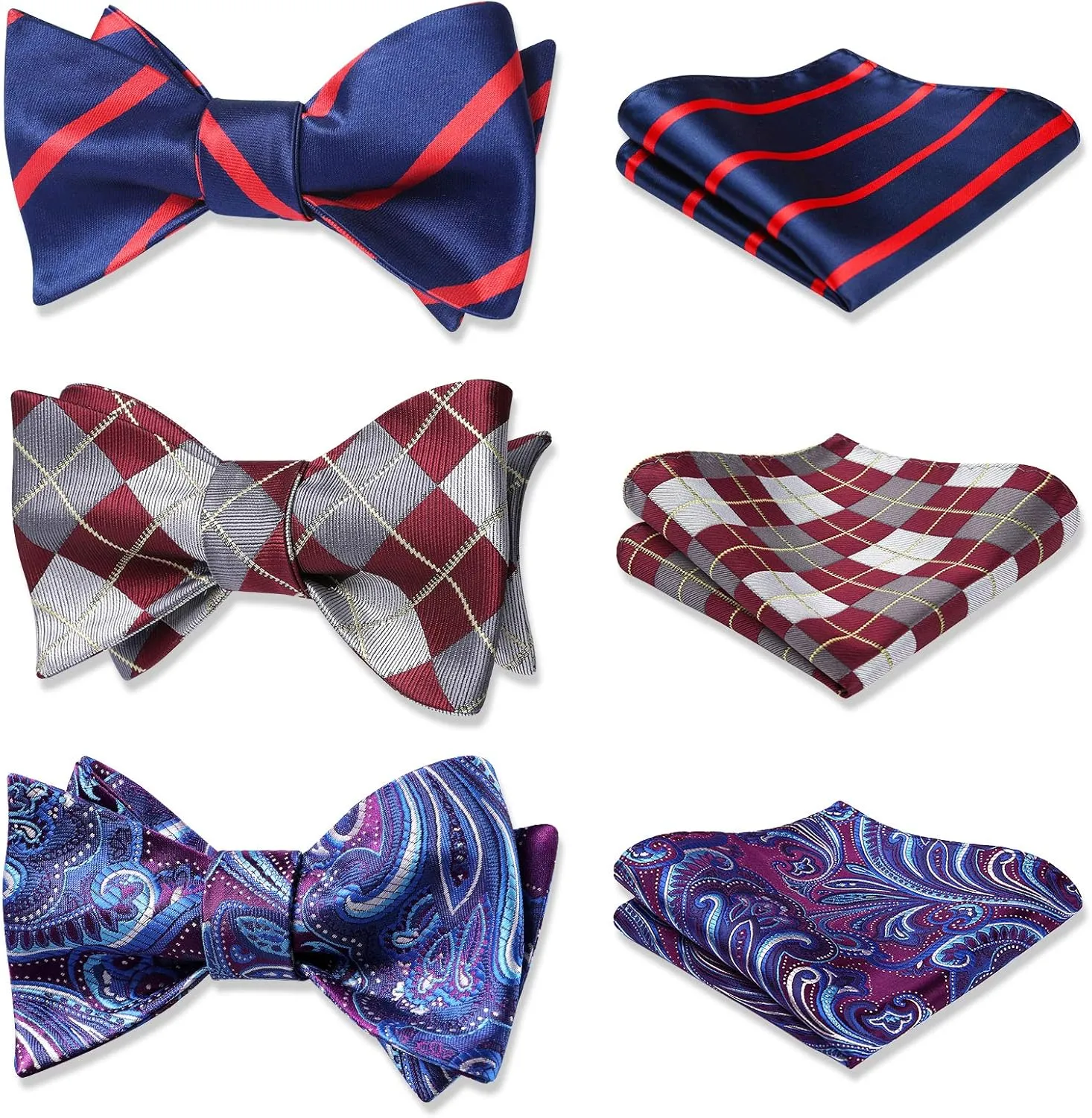 HISDERN Bow Ties for Men 3pcs Mixed Self-Tie Bow tie and Pocket Square Set Classic Formal Tuxedo Wedding & Party Bowtie