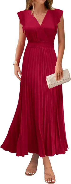KIRUNDO Women's Summer Maxi Dresses Elegant V Neck Ruffle Flutter Sleeves Empire Waist Pleated Flowy Wedding Guest Dress