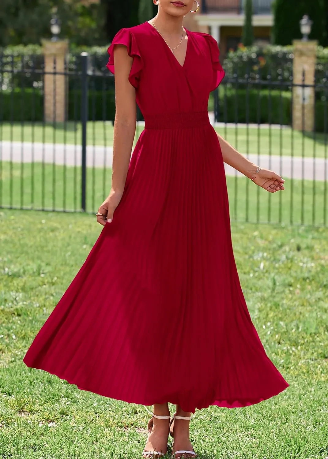 KIRUNDO Women's Summer Maxi Dresses Elegant V Neck Ruffle Flutter Sleeves Empire Waist Pleated Flowy Wedding Guest Dress