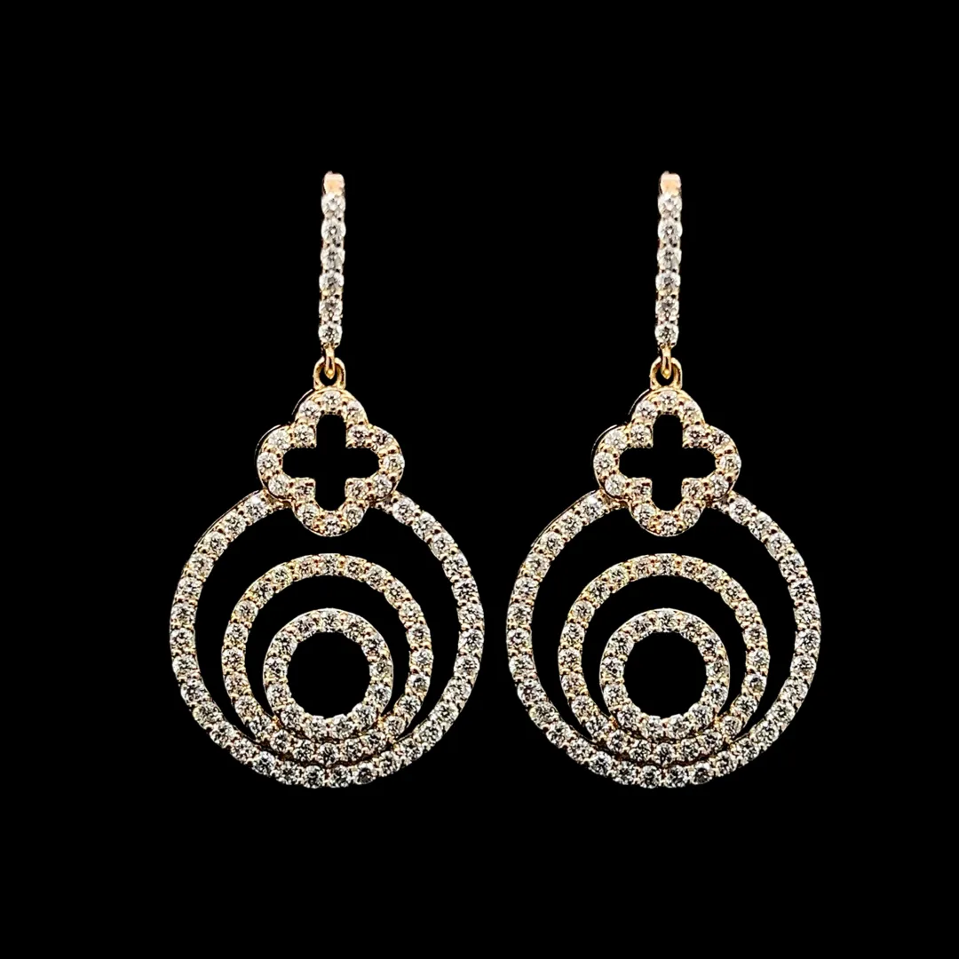 #LVNA2024 | Golden Round Halo Paved Dangling Diamond Earrings 18kt