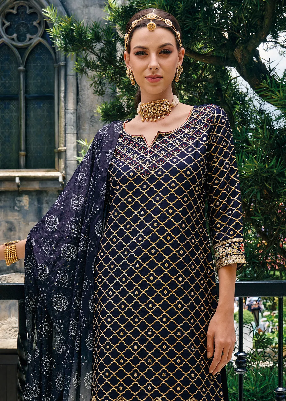 Majestic Blue Heavy Chinnon Khatli Embroidered Palazzo Suit