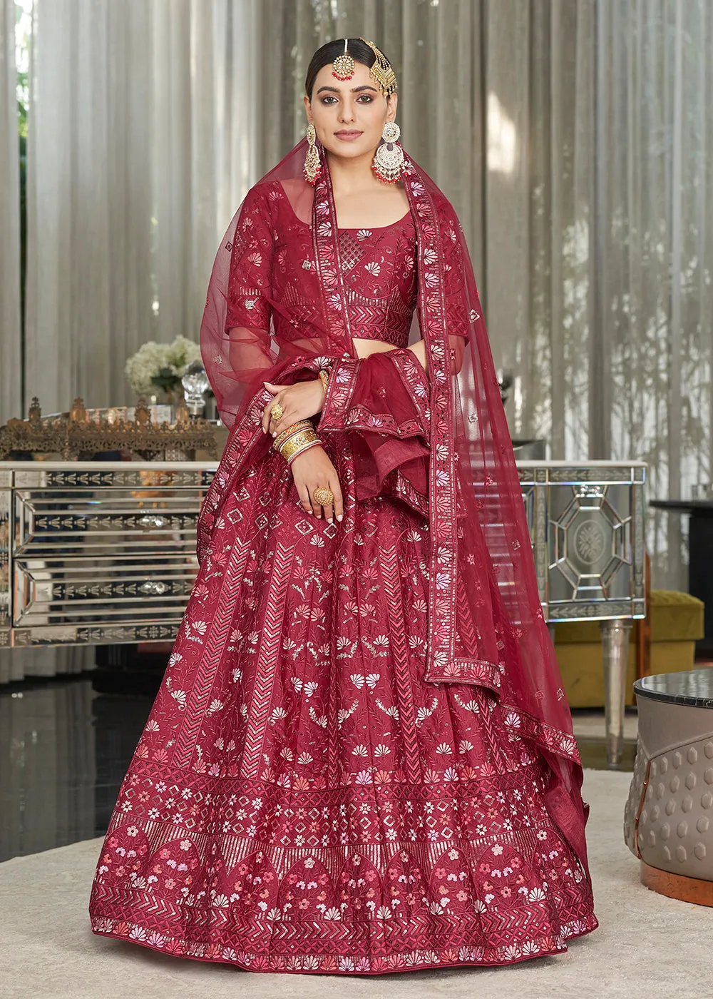 Maroon Multi Sequins & Thread Wedding A Line Lehenga