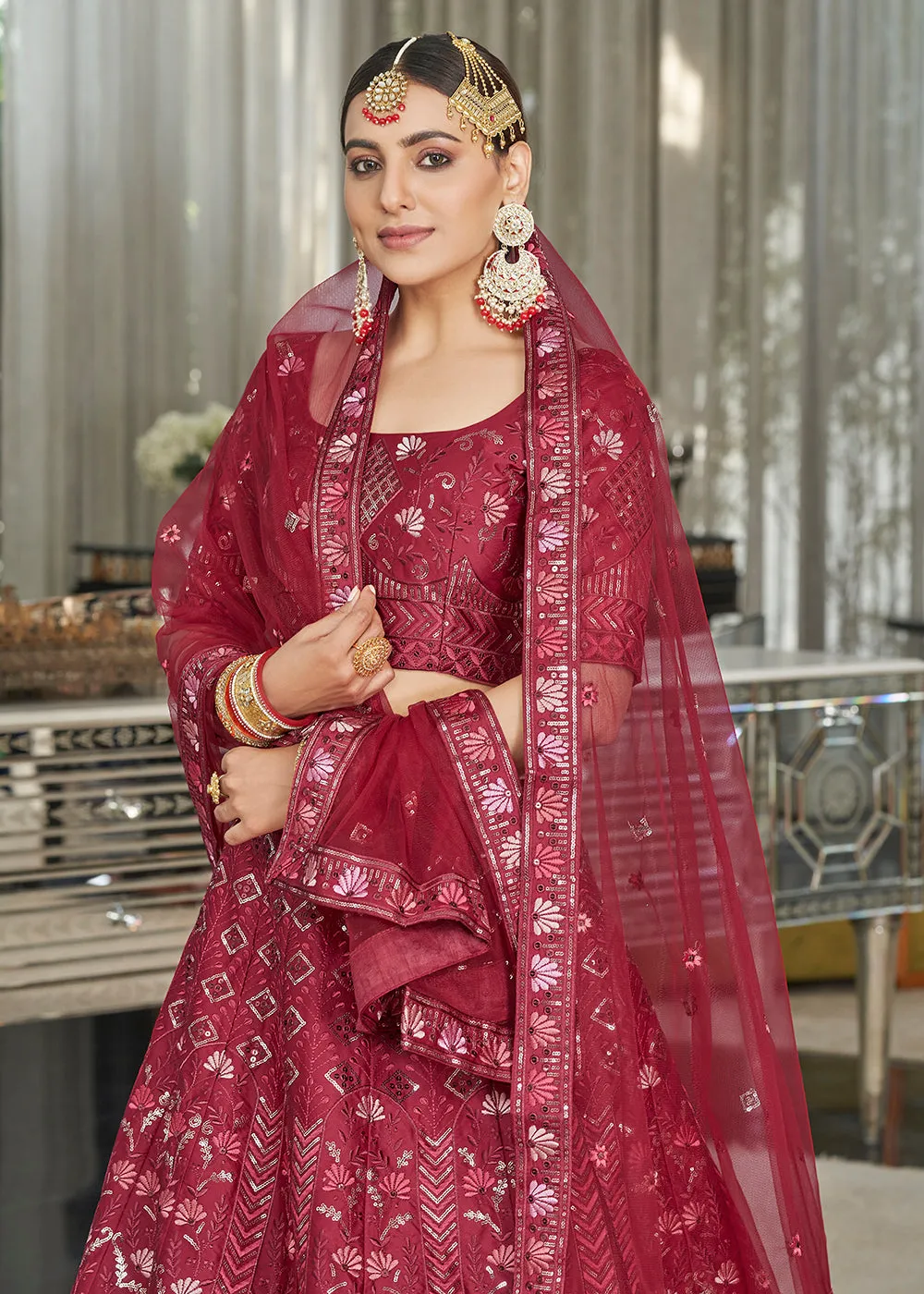 Maroon Multi Sequins & Thread Wedding A Line Lehenga