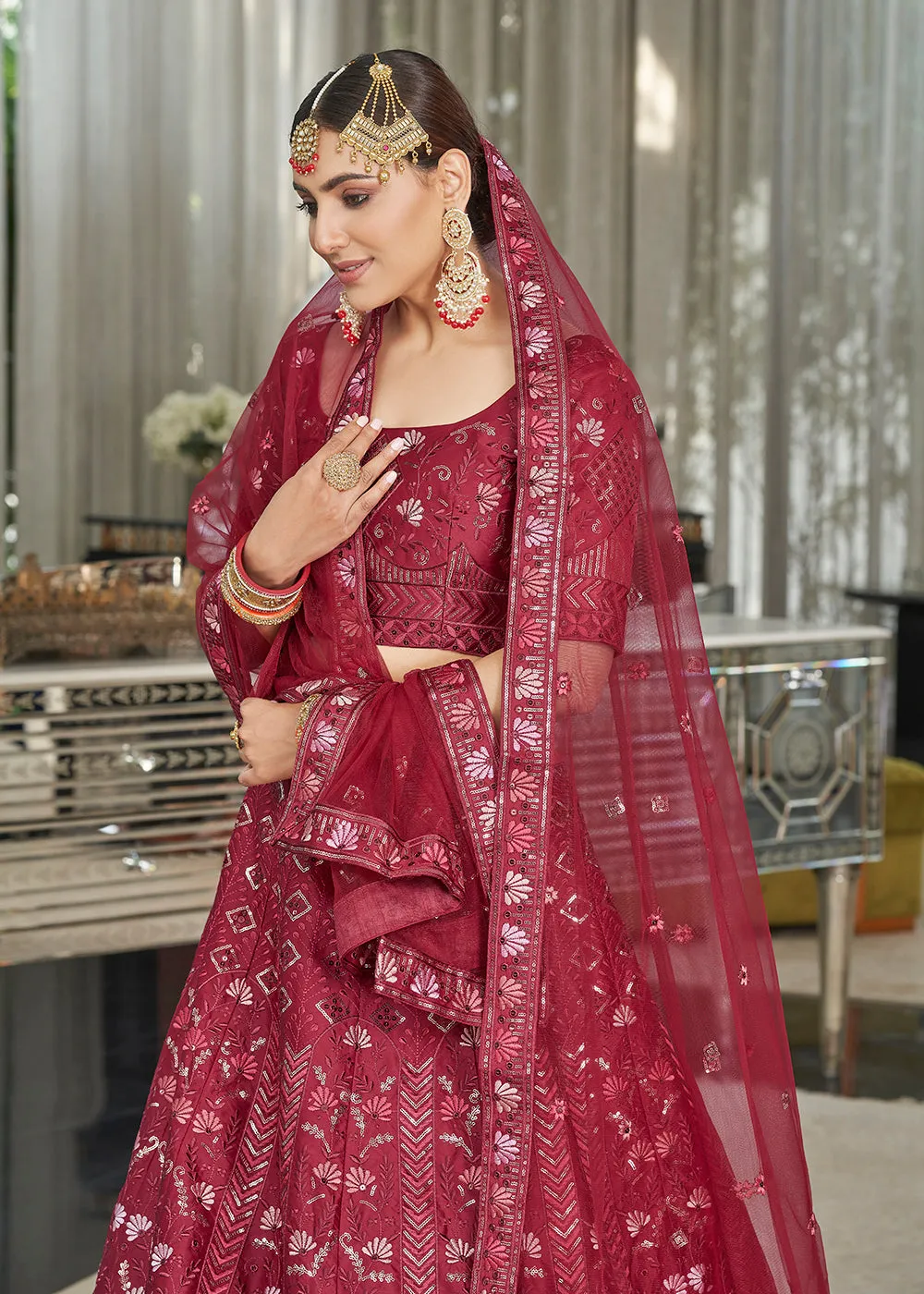 Maroon Multi Sequins & Thread Wedding A Line Lehenga