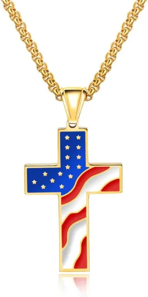 Mens Stainless Steel American USA Flag Day Gift Patriotic Star and Stripes Cross Religious Pendant Necklace for Men Women