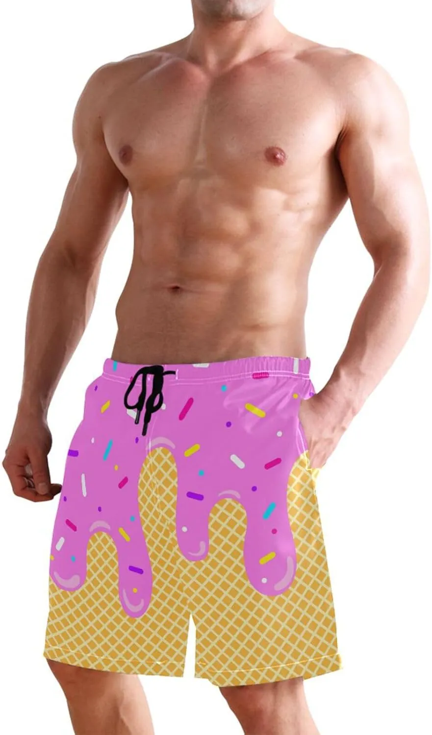 Men's Swim Trunks Quick Dry Swimming Shorts with Mesh Lining and Pocket Pink Christmas Santa Claus Swimsuit Trunks