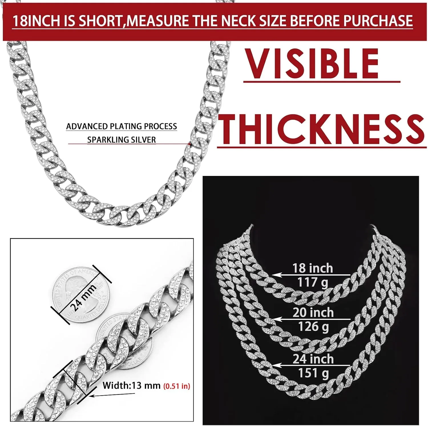 Miami Mens Cuban Link Chain Silver Gold Plated Bling Cuban Necklace Diamond Chain for Men 13MM iced out chain Hip Hop Jewelry??8.5/18/20/24 Inch Length-With metal gift box.