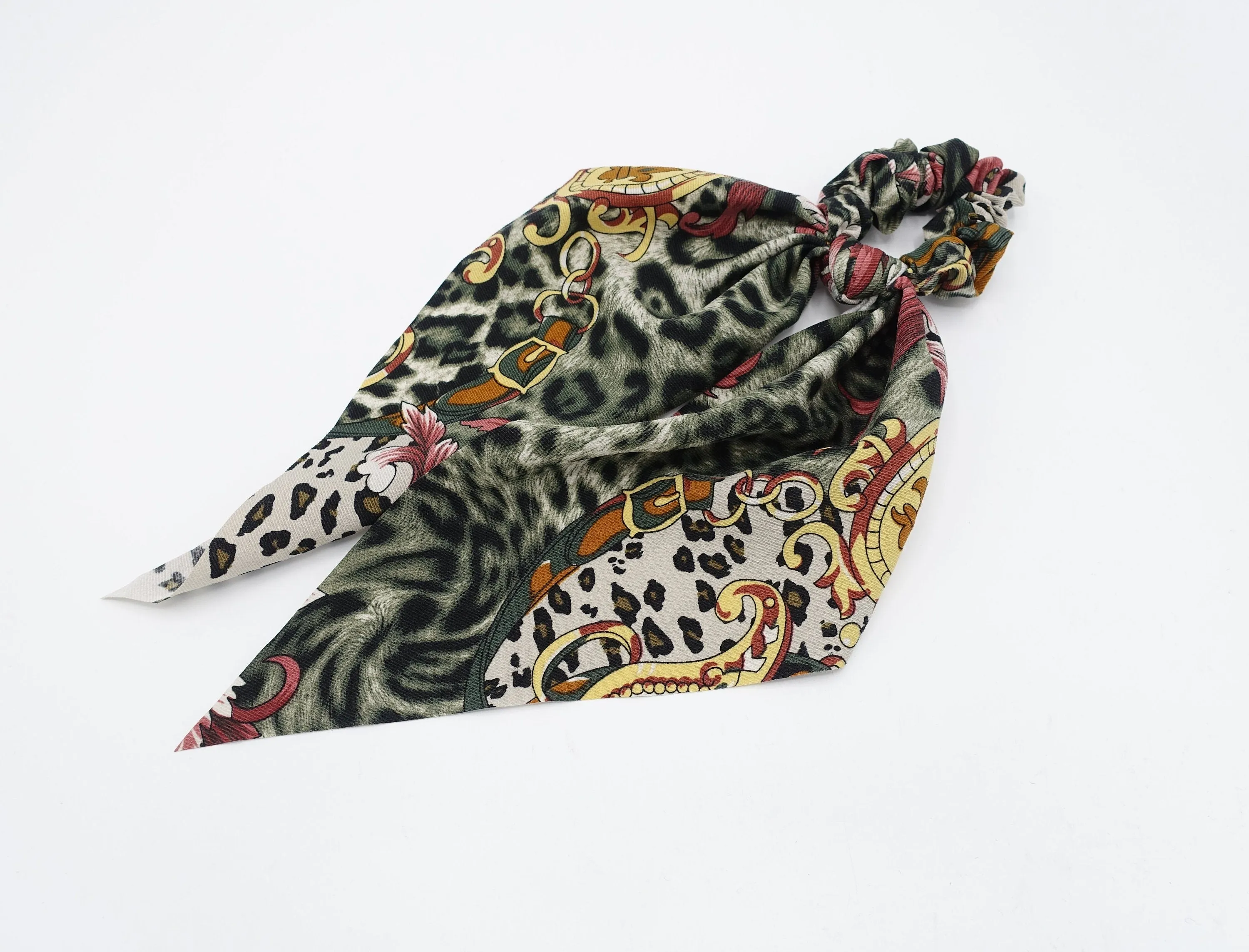 modern leopard print scrunchies long tail wing knot hair elastic glossy scrunchy