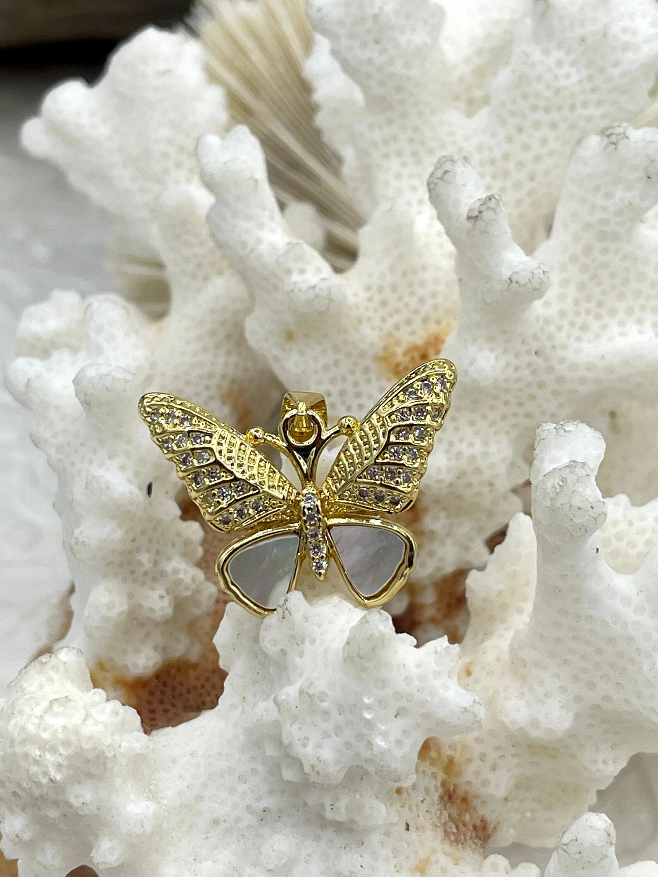 Mother of Pearl Butterfly CZ Charms, 5 styles, Gold Plated Brass Butterfly Charms, MOP Charms, Cubic Zirconia, Mother of Pearl, Fast Ship