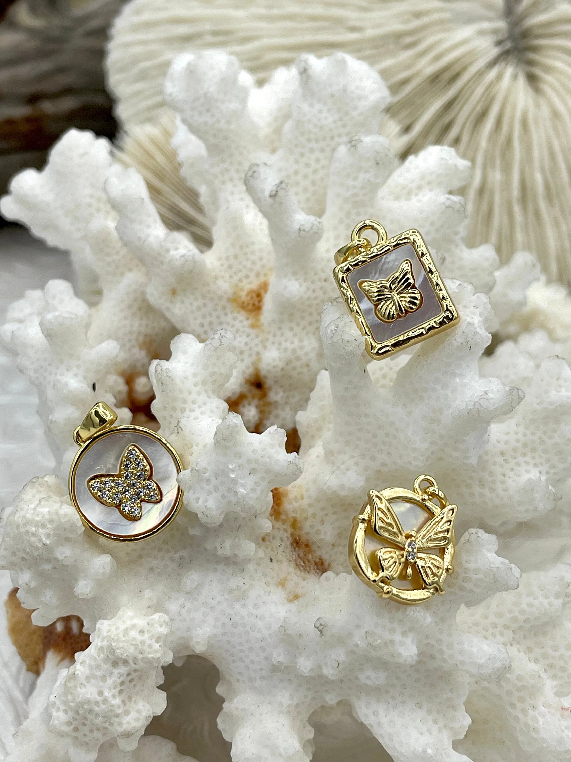 Mother of Pearl Butterfly CZ Charms, 5 styles, Gold Plated Brass Butterfly Charms, MOP Charms, Cubic Zirconia, Mother of Pearl, Fast Ship
