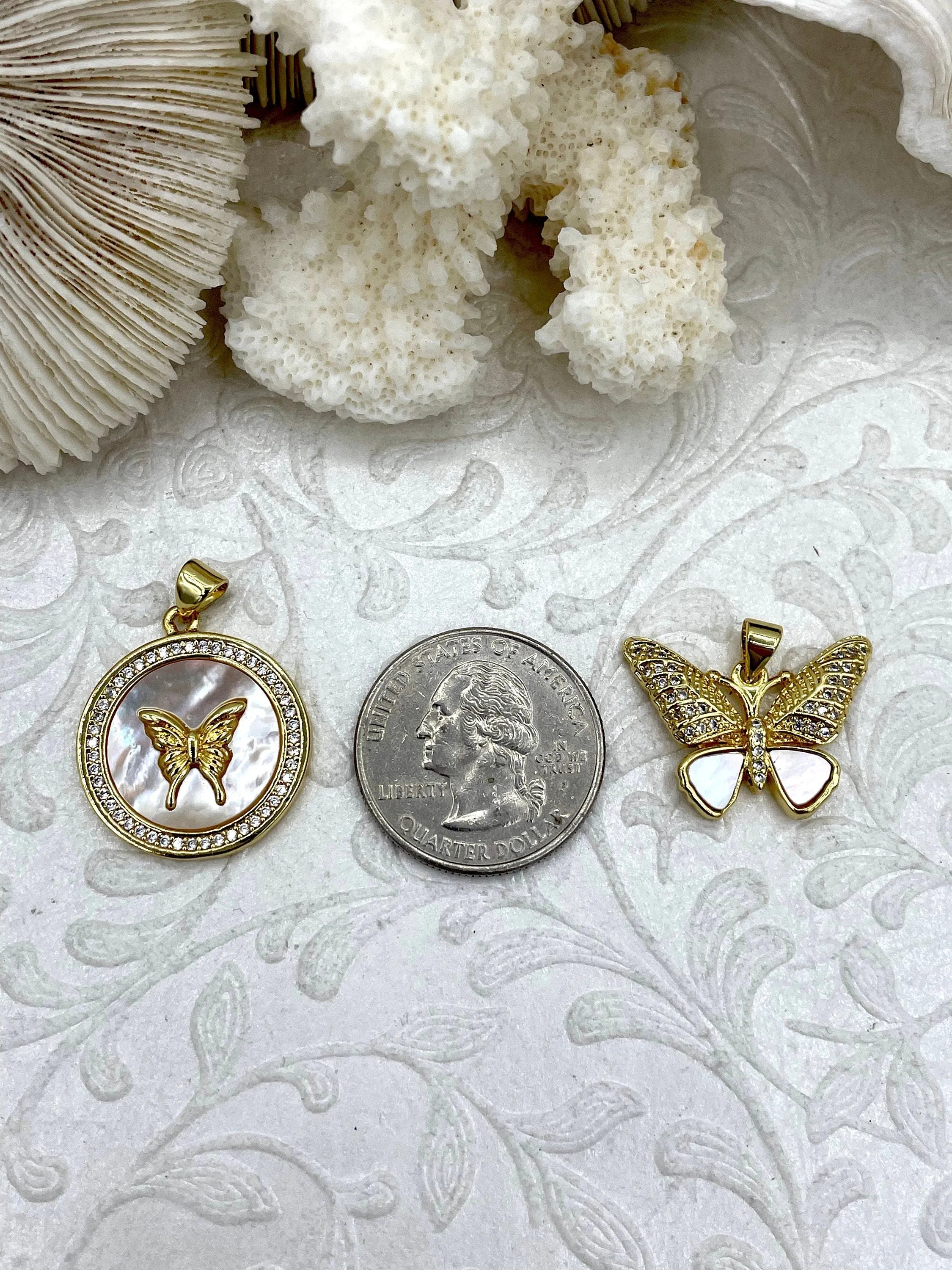 Mother of Pearl Butterfly CZ Charms, 5 styles, Gold Plated Brass Butterfly Charms, MOP Charms, Cubic Zirconia, Mother of Pearl, Fast Ship