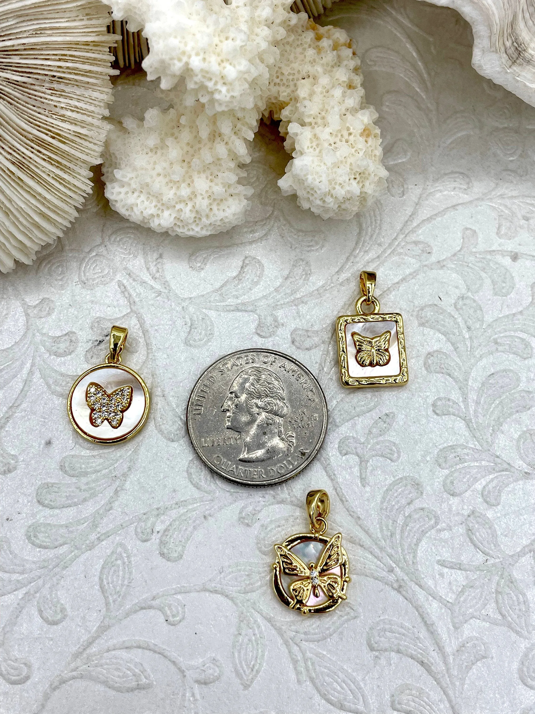 Mother of Pearl Butterfly CZ Charms, 5 styles, Gold Plated Brass Butterfly Charms, MOP Charms, Cubic Zirconia, Mother of Pearl, Fast Ship