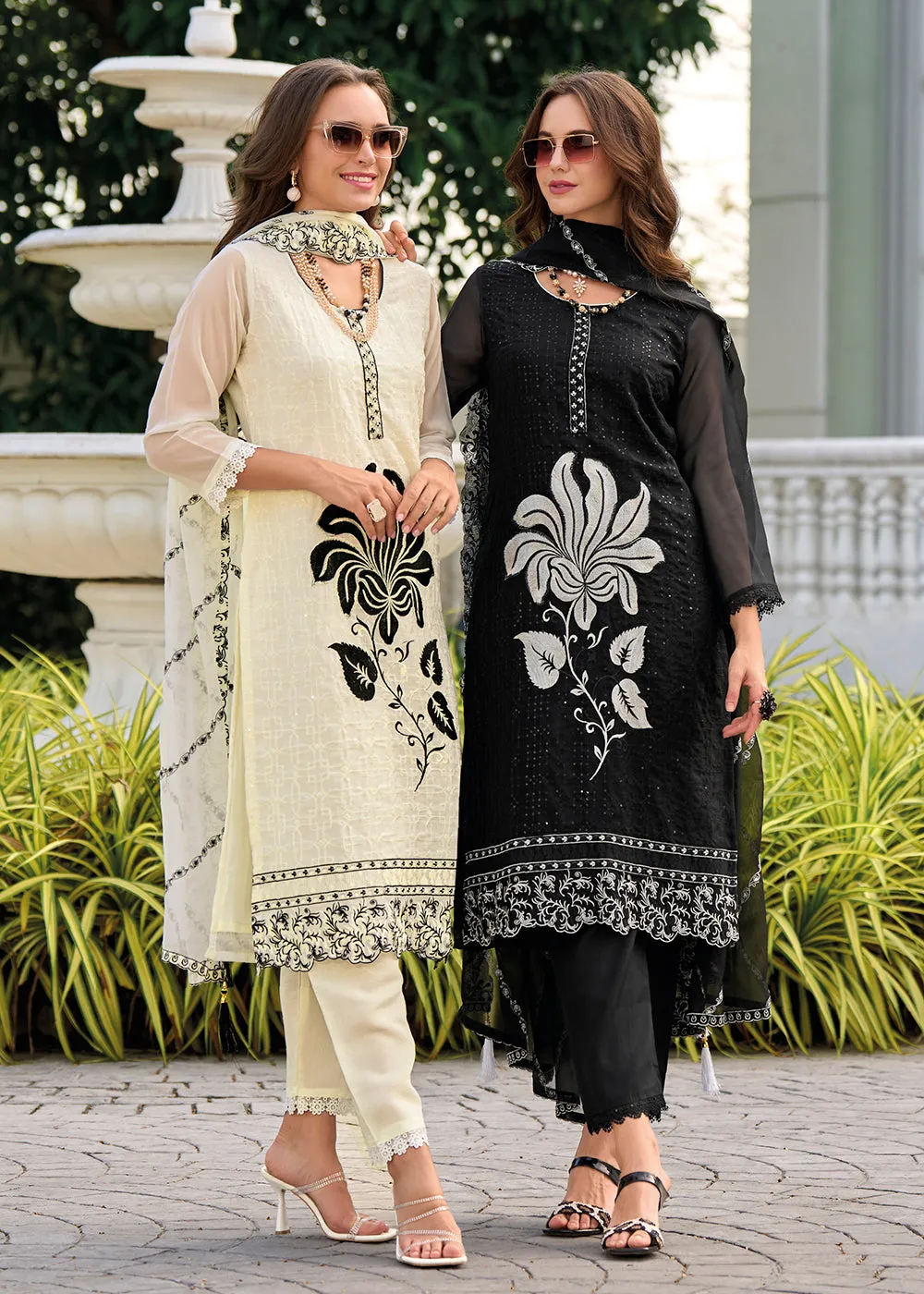 Off White Heavy Organza GPU Lace Work Pant Style Salwar Suit