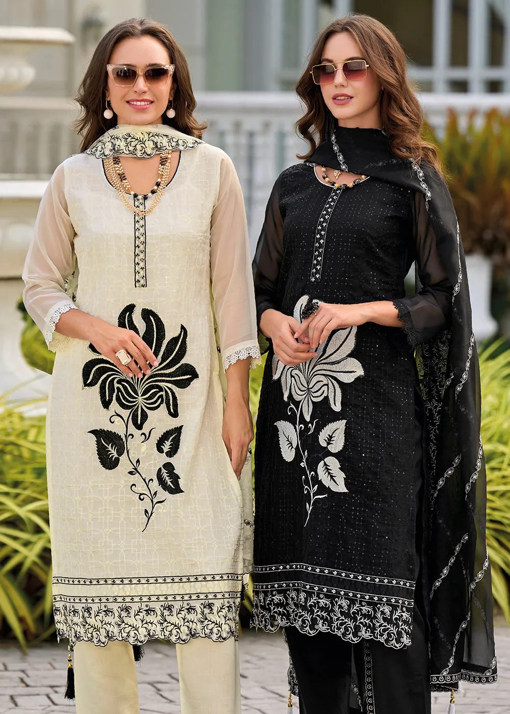 Off White Heavy Organza GPU Lace Work Pant Style Salwar Suit