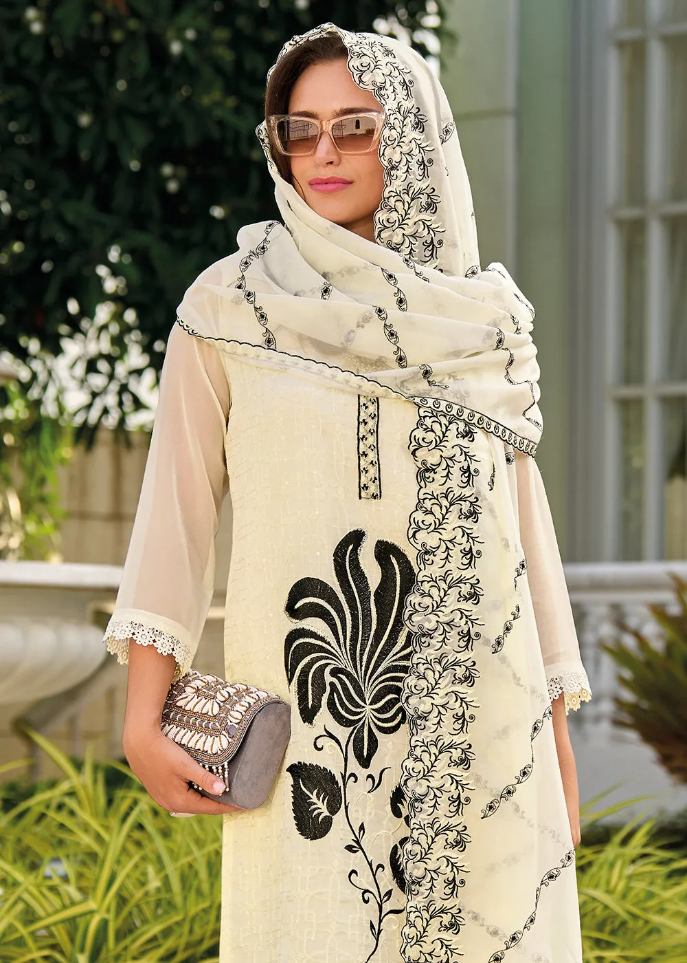 Off White Heavy Organza GPU Lace Work Pant Style Salwar Suit