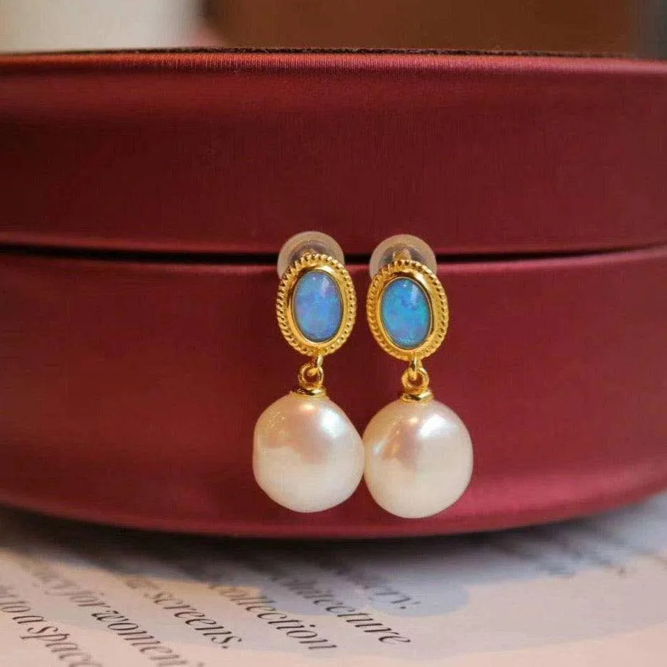 Opal Freshwater Baroque Pearls Earrings Gold Vermeil