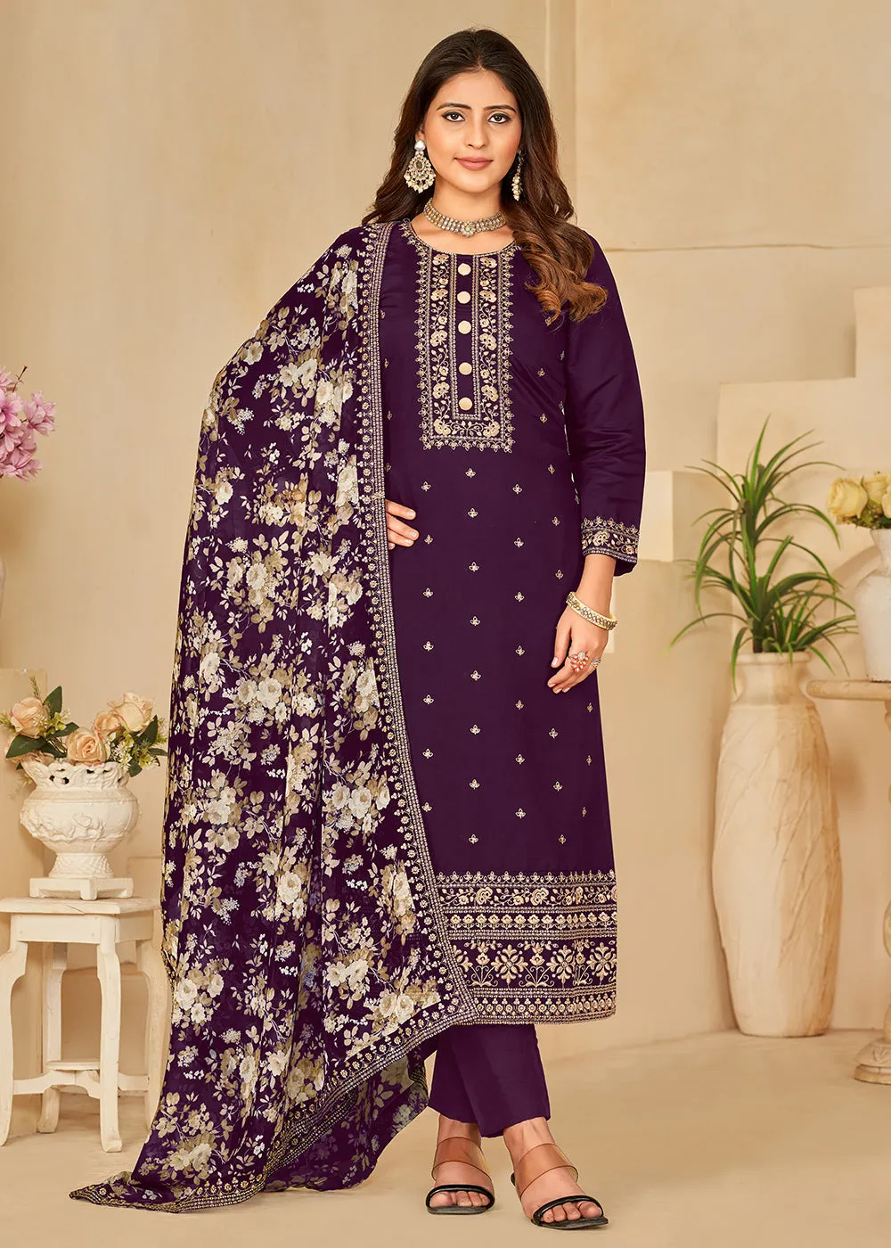 Pant Style Purple Silk Embroidered Ethnic Salwar Kameez