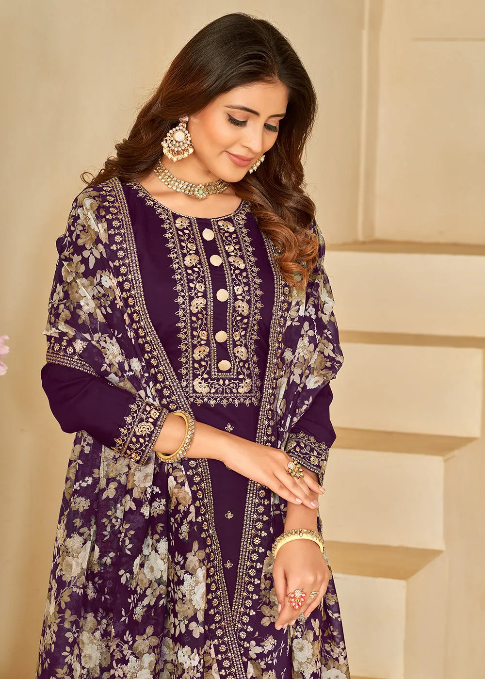 Pant Style Purple Silk Embroidered Ethnic Salwar Kameez