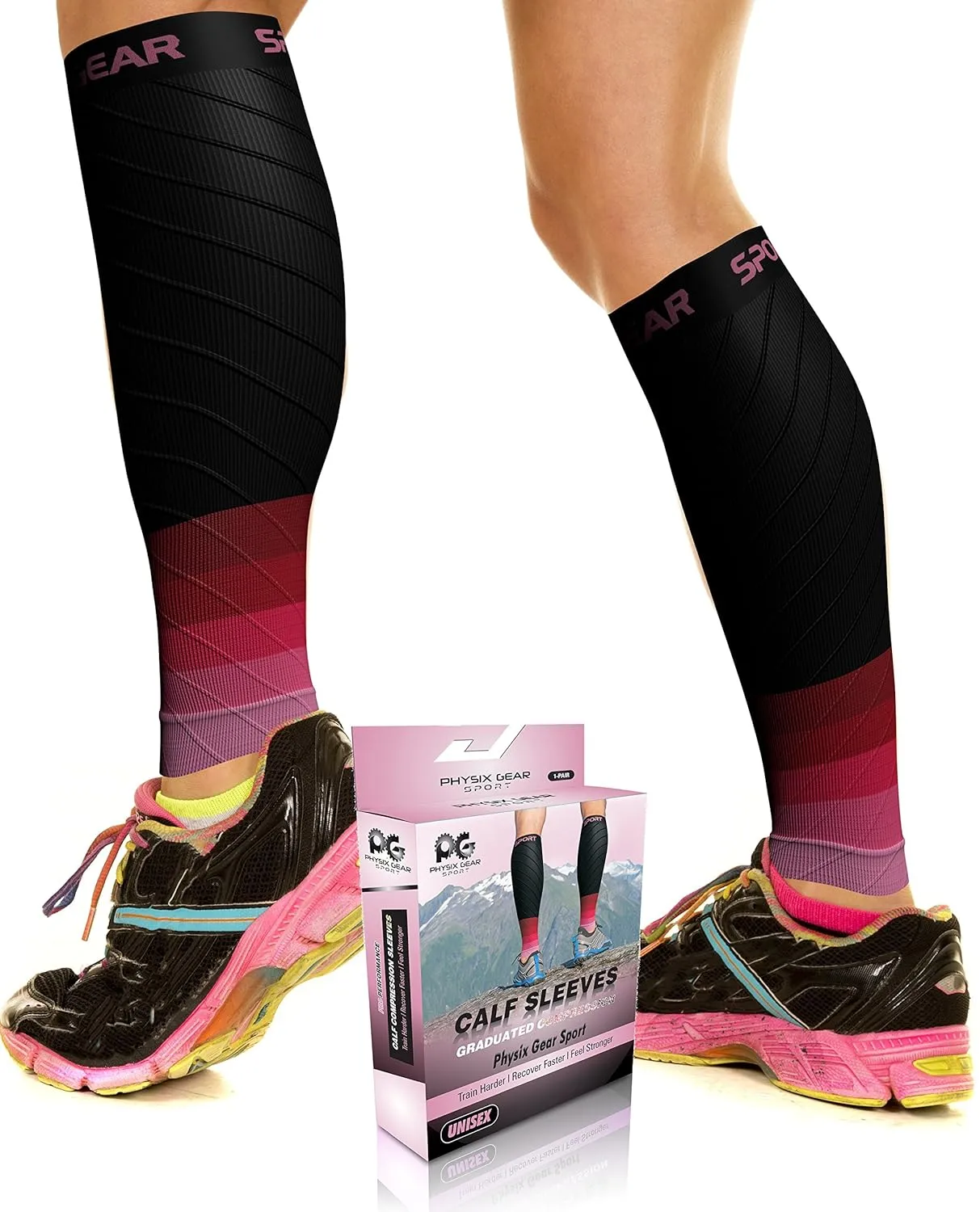 Physix Gear Calf Compression Sleeves - Compression Sleeves for Running, Provides Calf Support and Shin Splints Comfort, Black/Pink, S/M