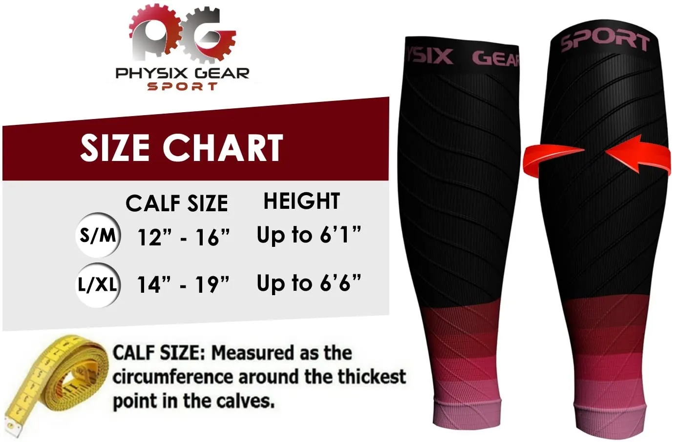 Physix Gear Calf Compression Sleeves - Compression Sleeves for Running, Provides Calf Support and Shin Splints Comfort, Black/Pink, S/M