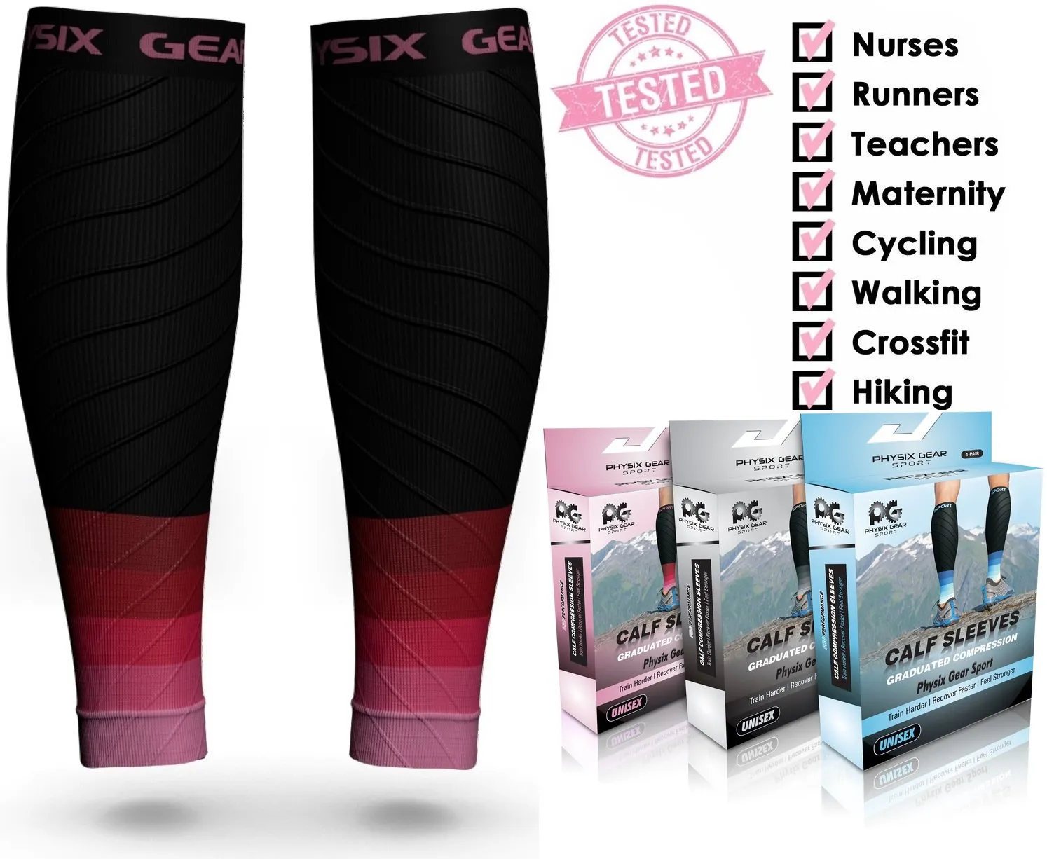 Physix Gear Calf Compression Sleeves - Compression Sleeves for Running, Provides Calf Support and Shin Splints Comfort, Black/Pink, S/M