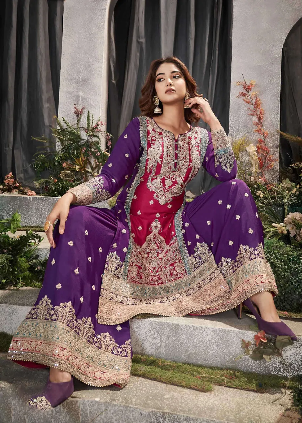 Pink Multicolor Mirror Embroidered Punjabi Style Palazzo Suit